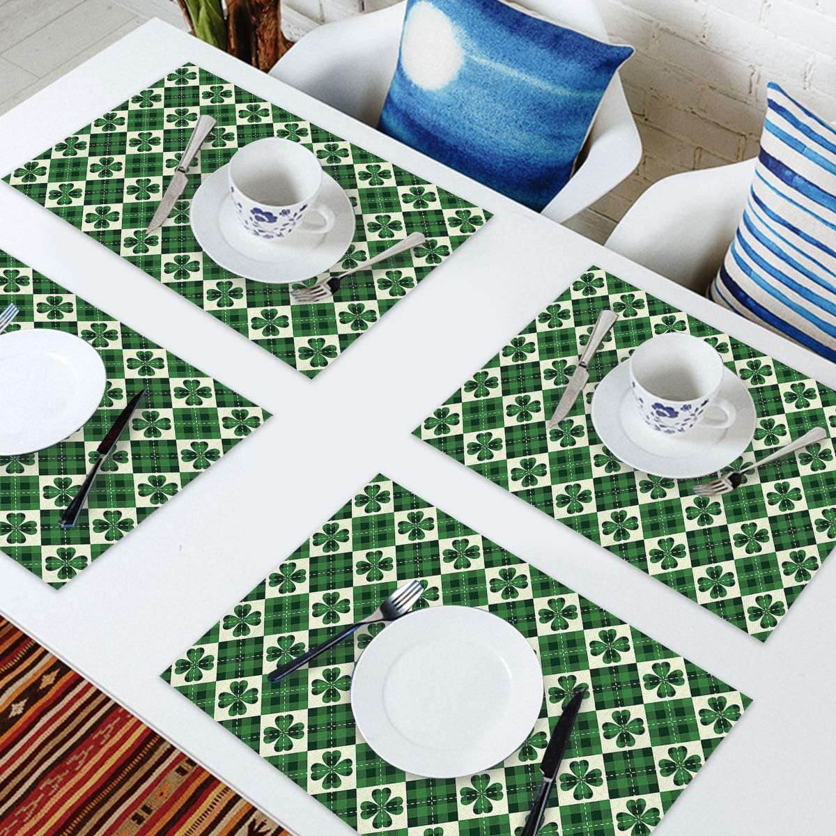 Flаѕh Dеаlѕ - 50% оƒƒ Home L6 St Patrick Placemats Set of 6 Green Shamrock Table Mats, Green Buffalo Check Plaid Table Decoration for Kitchen Dining Table Stain Resistant Heat Insulation Non-Slip Washable