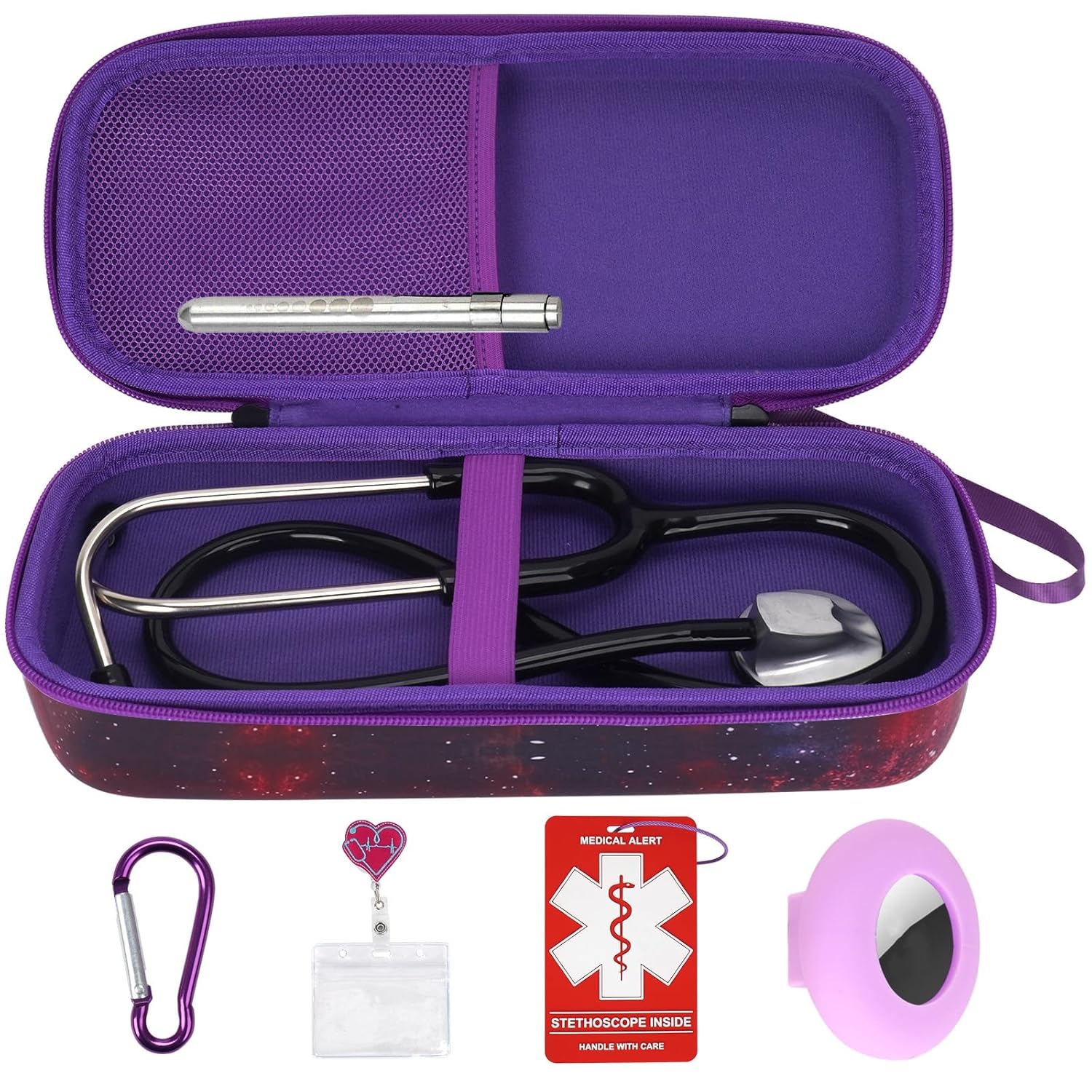 MGZNMTY 6 Pcs Stethoscope Case Kit, Perfect Nurse Gift Include Hard Stethoscope Case for 3M Littmann Classic III, AirTag Holder, Medical Alert Label, ID Card, Nurse Badge Clip, Carabiner (Galaxy)