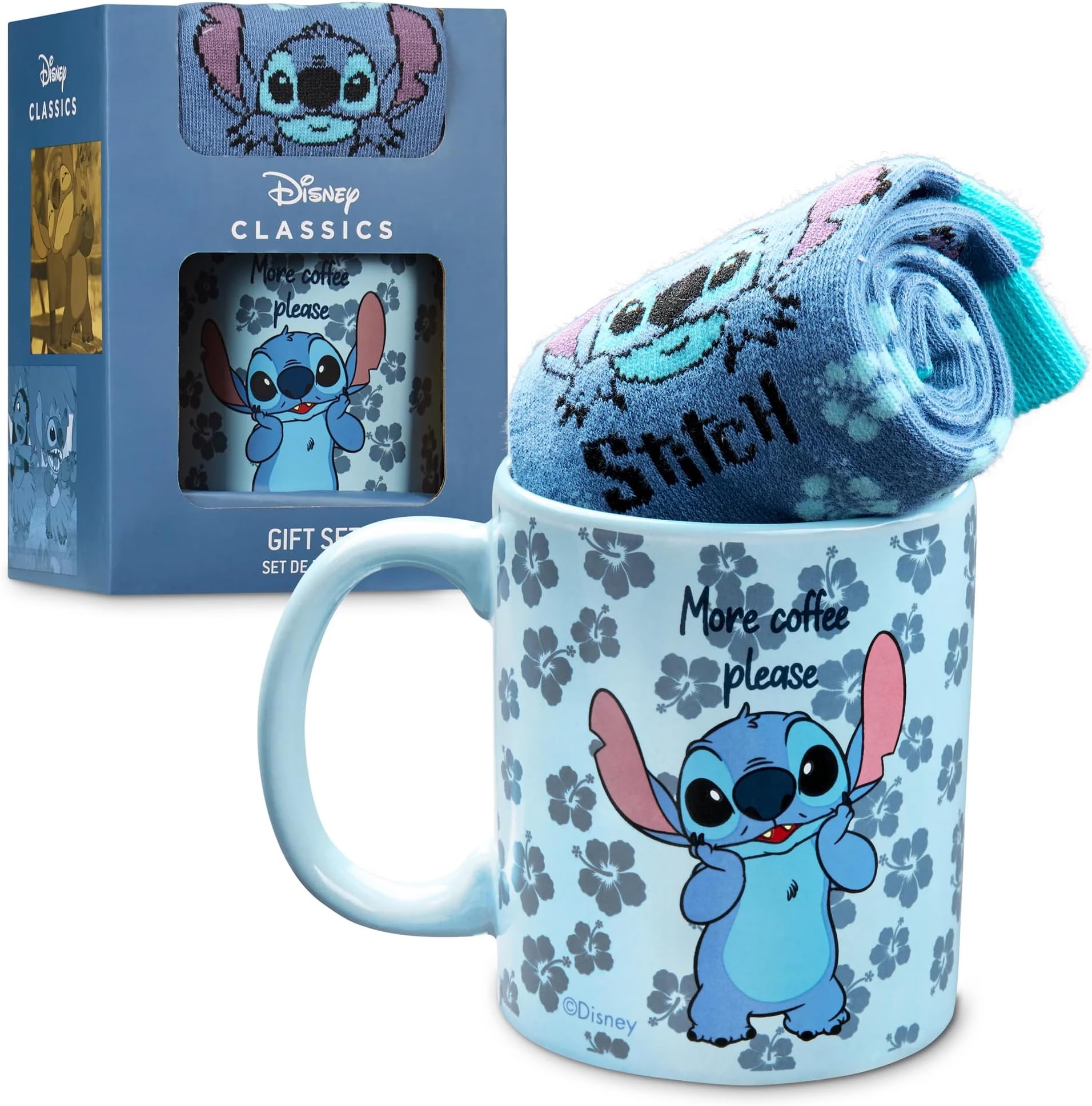 Disney Stitch Mug and Socks Gift Set for Women Teenagers Cute Ceramic Mug Soft Calf Socks, Stocking Filler Gifts for Her (Blue Stitch)