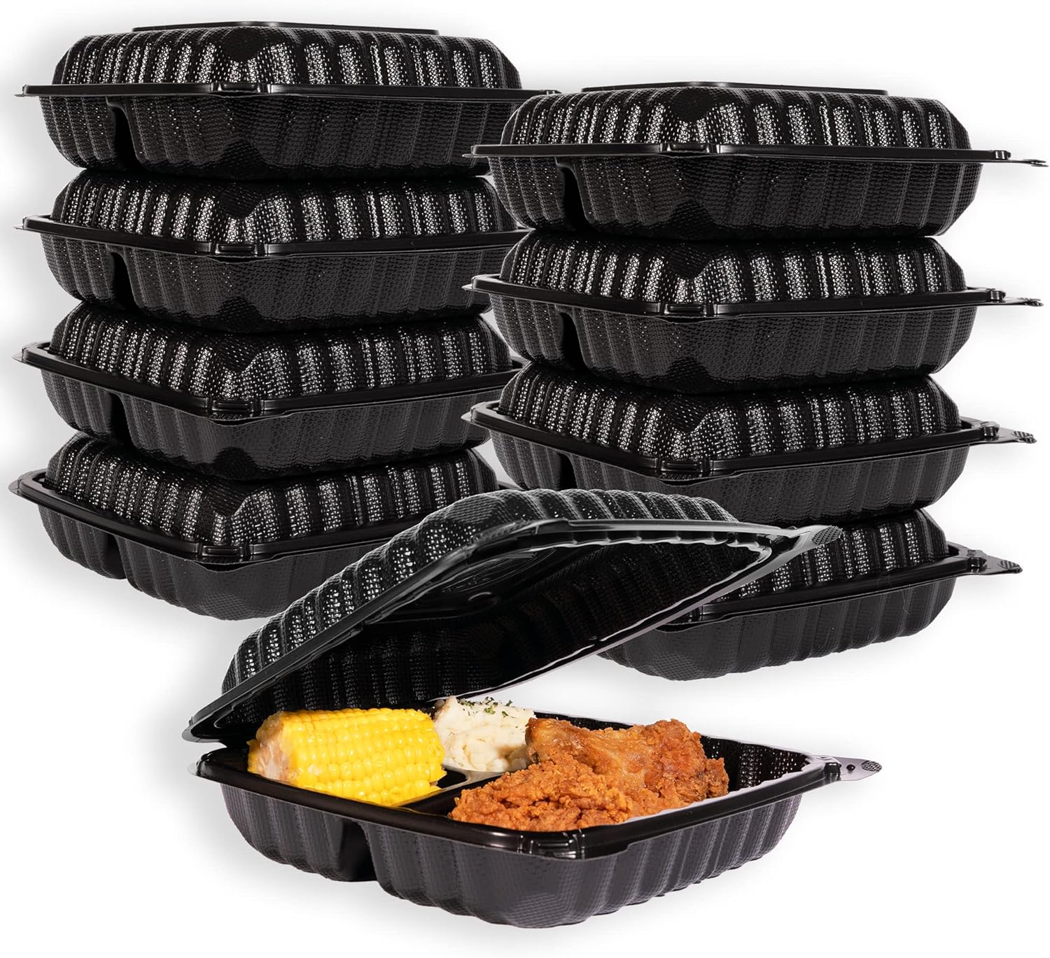 MULMEHË Eco-Friendly Mineral Filled Polypropylene Plastic Hinged Take Out Food Containers, 10x10x3, Vented Three Compartment, Black (200)