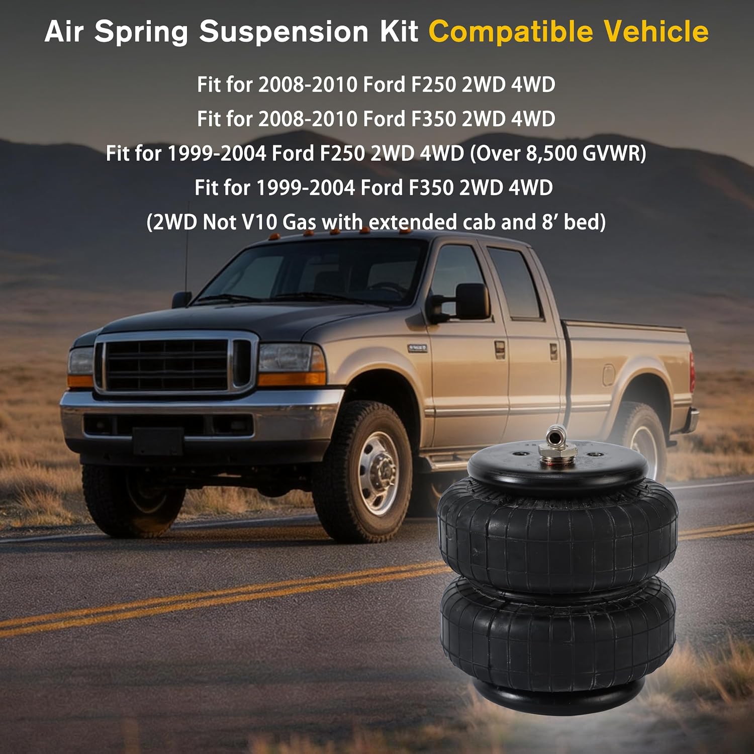Rear Air Spring Bags Suspension Kit for 1999-2004, 2008-2010 Ford F250 F350 Truck Towing，Air Lift Helper Spring Kit, Load Leveling Capacity 5,000 lbs