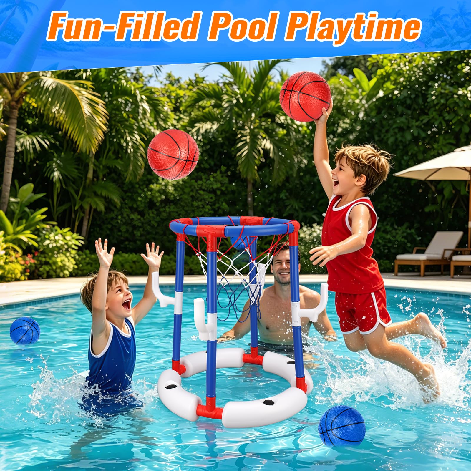 Canestro galleggiante da pallacanestro, base stabile riempibile con acqua, 2 in 1, per bambini dai 3 anni in su, include 4 palline, 6 anelli e pompa, regalo estivo per feste in piscina