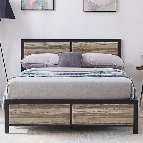 VECELO Base de cama de plataforma tamaño Queen con cabecera de madera vintage, base de colchón, soporte de listones de metal fuerte, no necesita