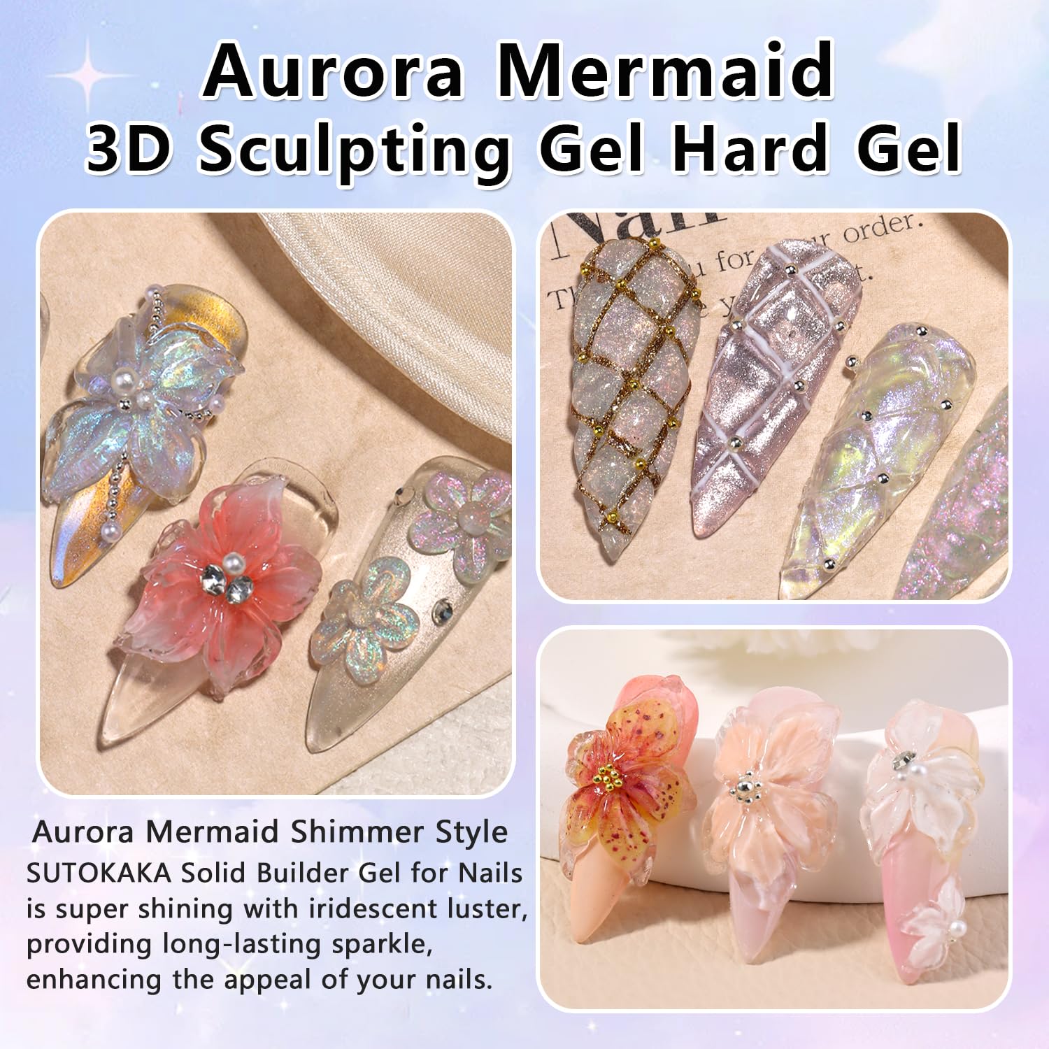 Solid Builder Gel for Nails, Clear and Aurora Non-Sticky Sculpting Gel
