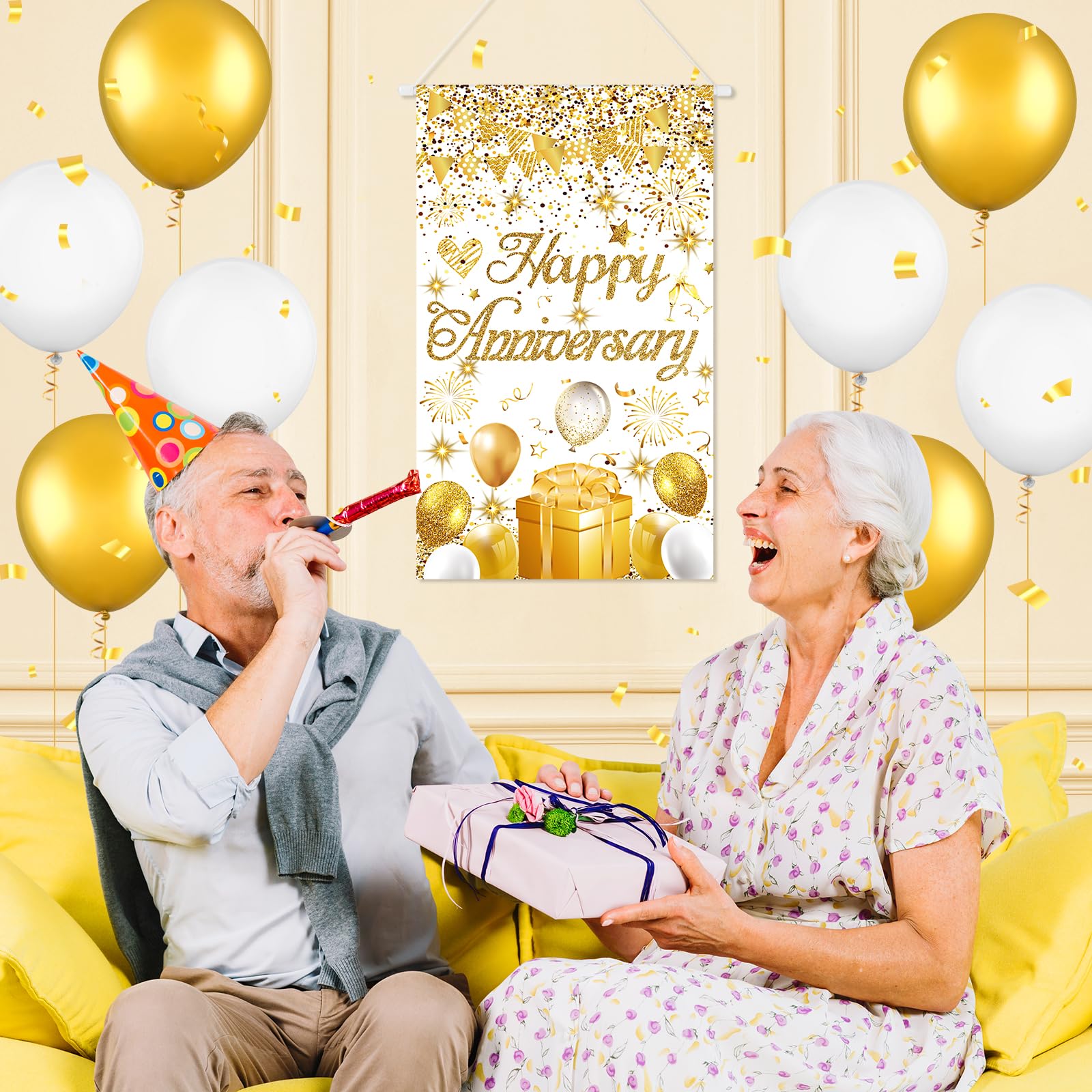 White and Gold Happy Anniversary Door Banner - Small Wedding Party Decor - Front Porch Hanging Decorations for Men and Women - Image 2