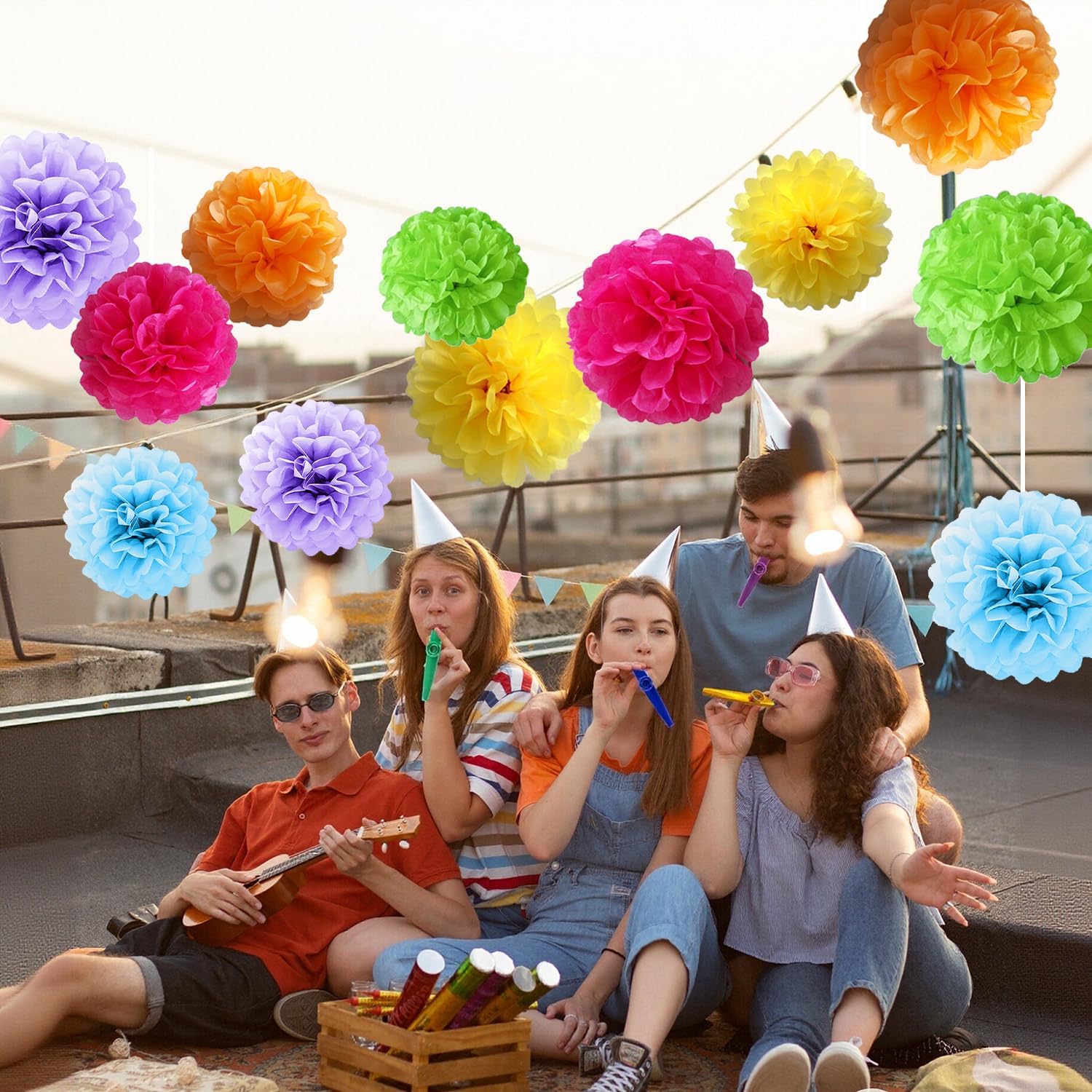 Rainbow Assorted Color Tissue Paper Flower Pom Poms, Hanging Paper Pom Ball Decor for Fiesta Mexican Party, Luau Tropical, Birthday, Bridal Shower, Carnival Party Supplies