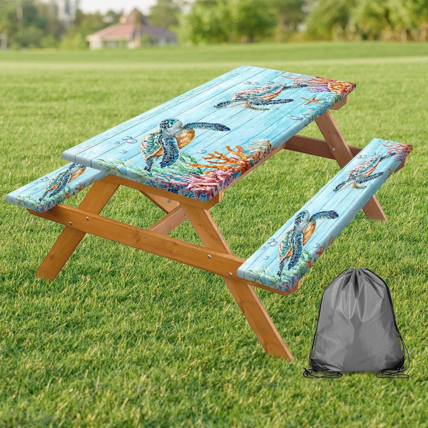 Picnic Table Cover,30X72 Inch 3 PCS Ocean Sea Turtles Summer Ocean Outdoor Water-Resistant Polyester Fabric Backing Rectangular Elastic Edged for Camping Outdoor Travel Fitted