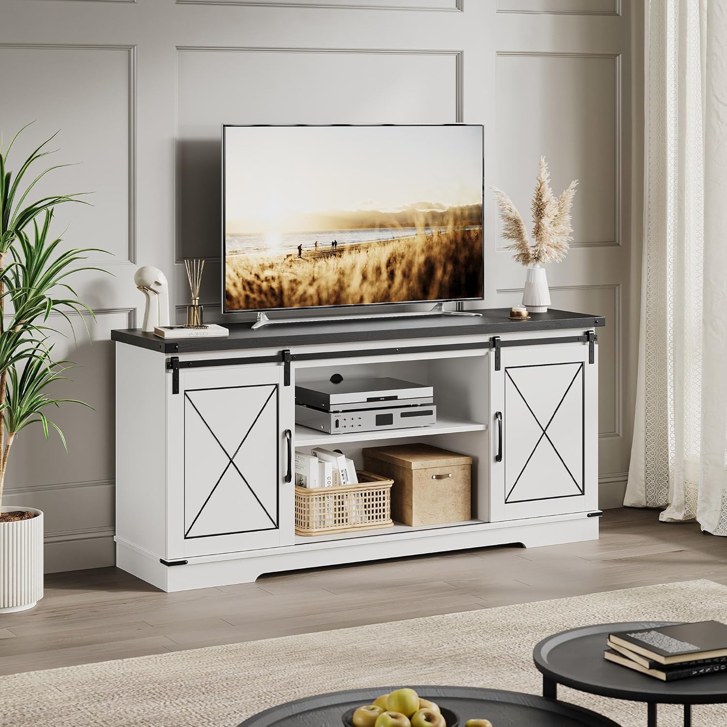 59" Farmhouse TV Stand for Televisions Up to 65 Inches, Entertainment Center with Sliding Barn Doors & Adjustable Shelf, TV Media Console Table with Storage Cabinet for Living Room, Dining Room, White