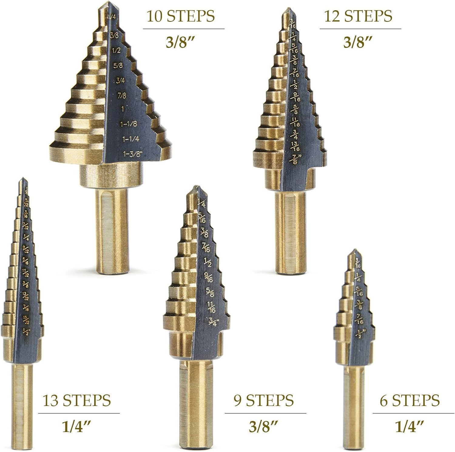 CO-Z Step Drill Bits, HSS 5PCS Titanium Step Drill Bit Set, 50 Sizes in 5 High Speed Steel Unibit Drill Bits Set for Sheet Metal with Aluminum Case, Multiple Hole Stepped Up Bits for DIY Lovers33 : Industrial & Scientific