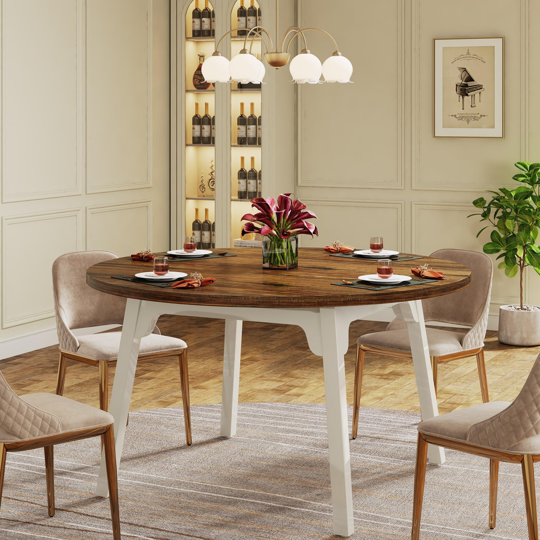 Tribesigns Mesa de Comedor Redonda para 4-6 Personas, 120CM Mesa de Cocina Círculo con Superficie de Textura de Madera,Mesa de Comedor con Patas de Madera Maciza para Cocina, Salón, Marrón y Blanco