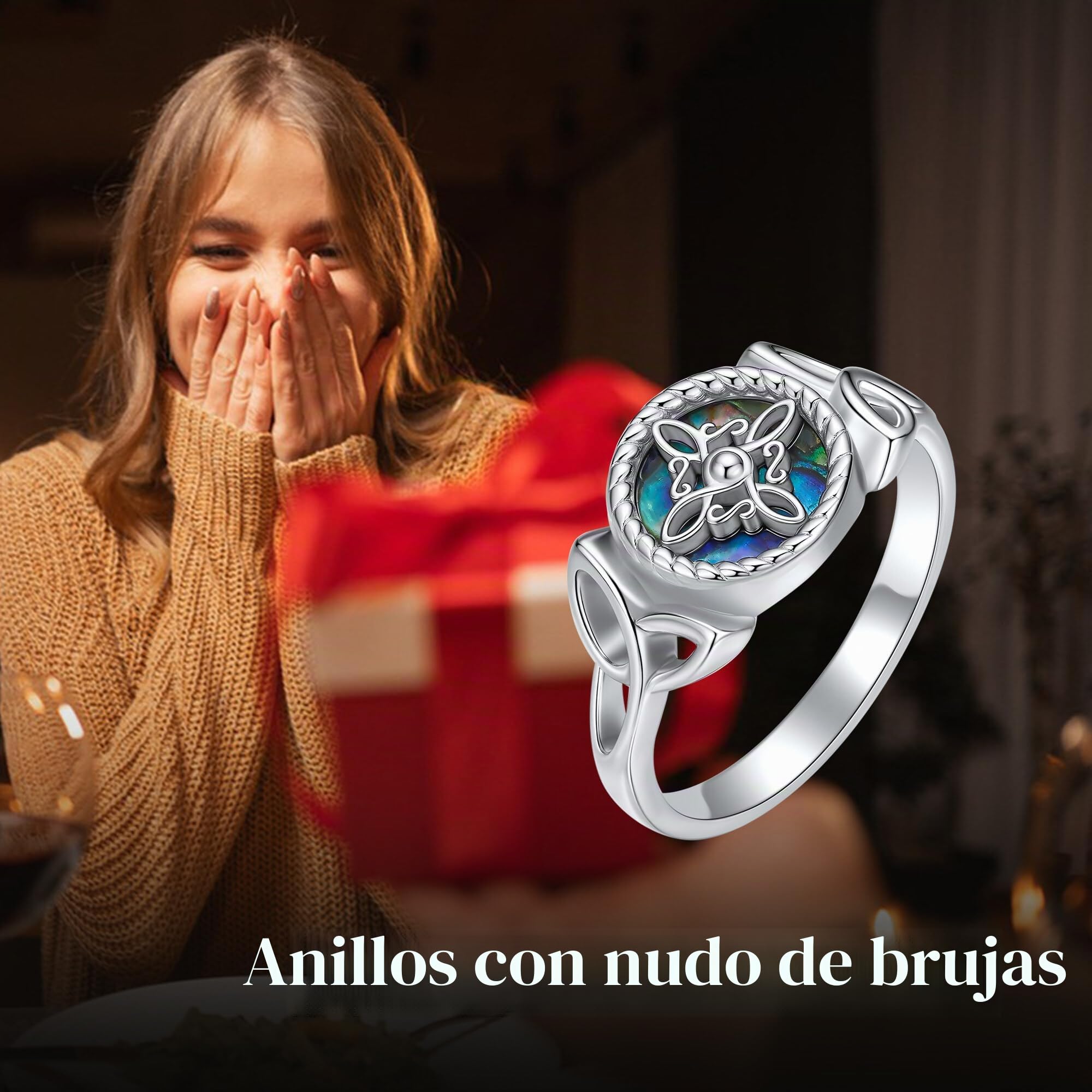 ONEFINITY Anillo de nudo de bruja de plata de ley 925, anillo celta con concha de abulón, joyería para mujer