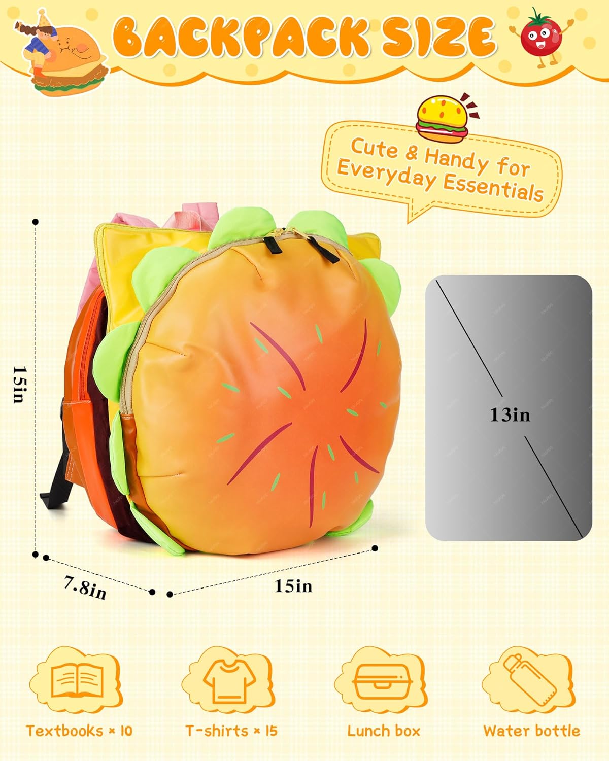 Cheeseburger Backpack, Hamburger Food Shaped Novelty Daypack, Multi-Compartment Burger Backpack - Image 4