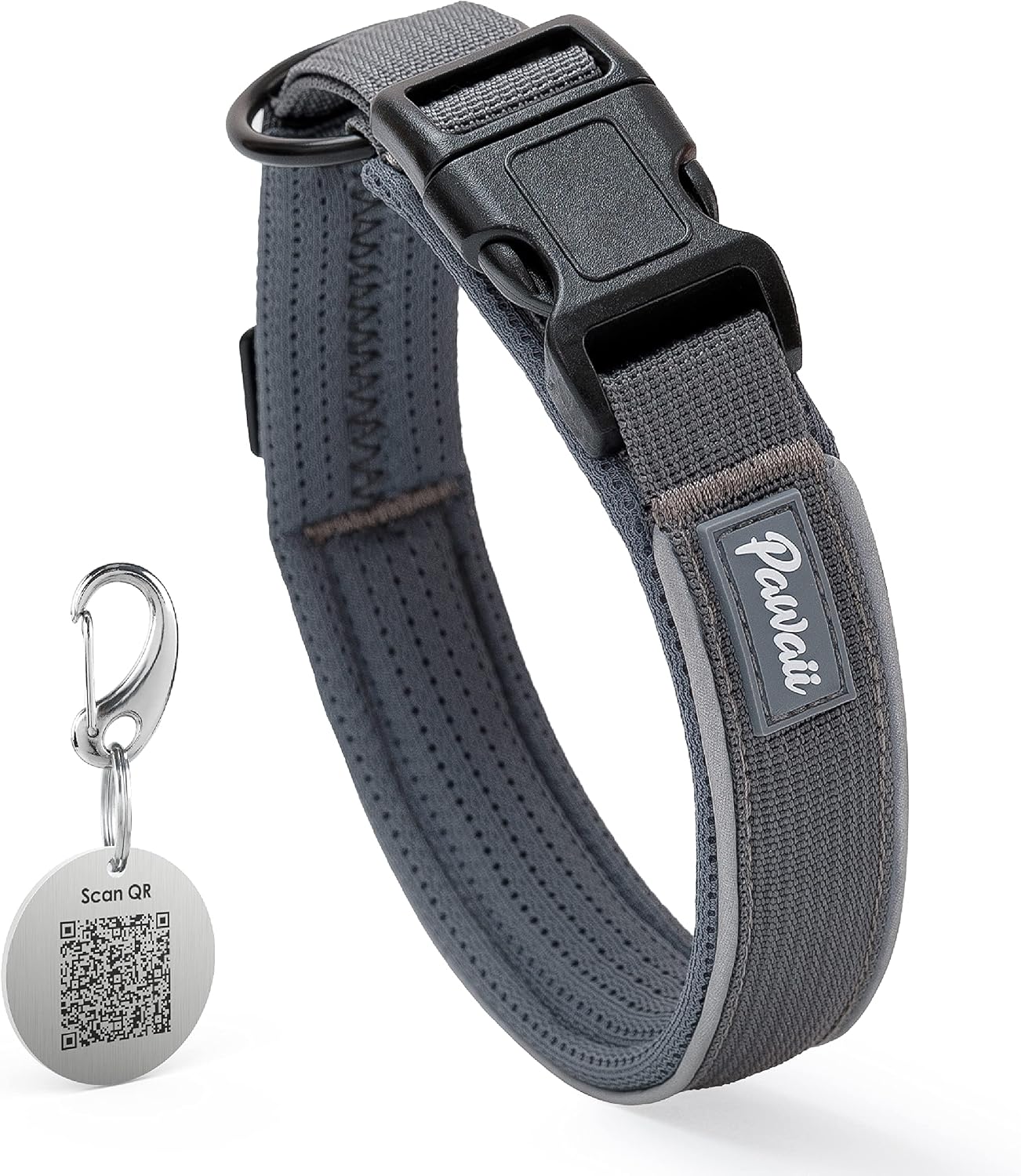 PAWAii Reflective Personalized Dog Collar with Pet ID Tag, Pet Collar Adjustable for Small Medium Large Dogs Adjustable Size, Grey, M