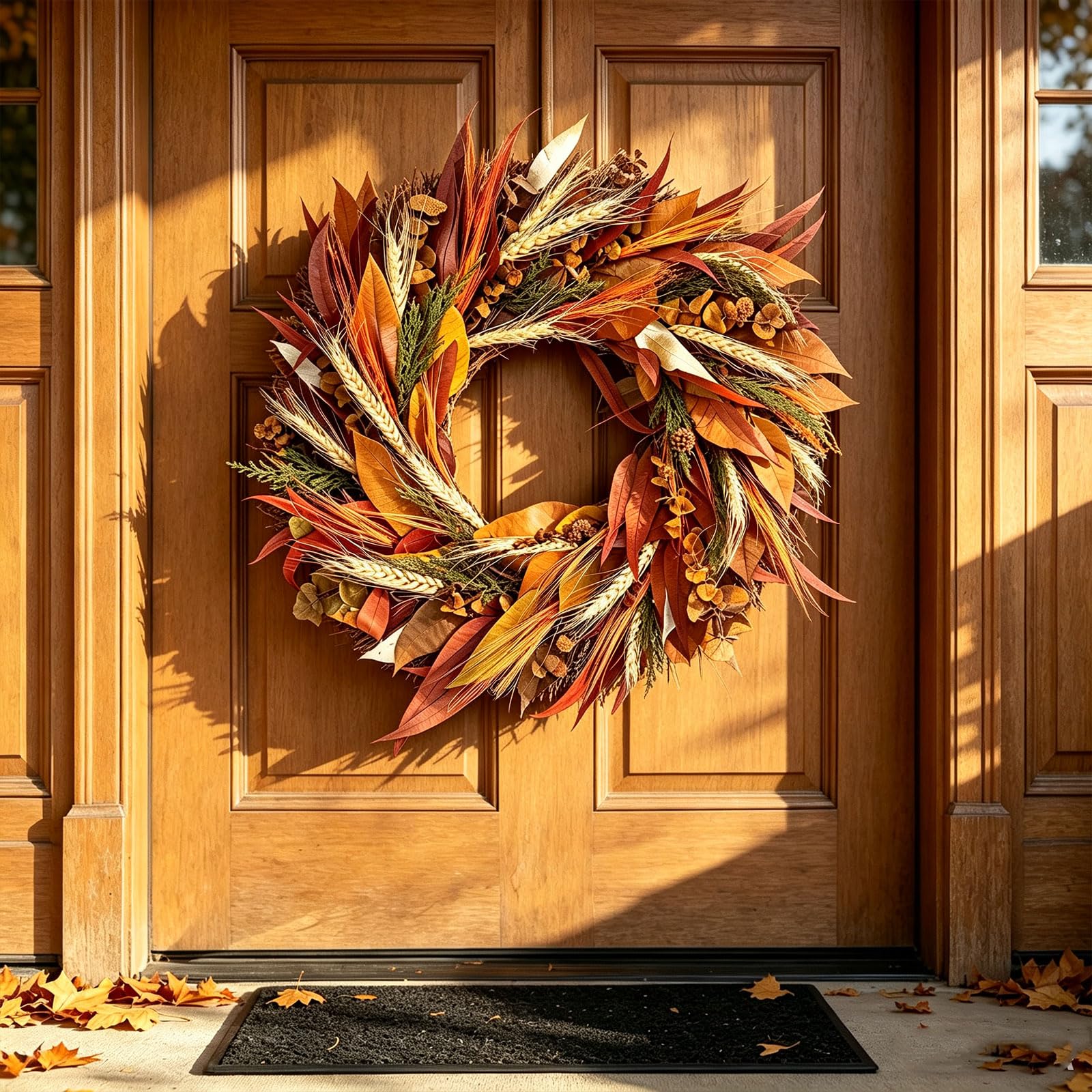 Künstlicher Herbst Türkranz mit Weizenähren und bunten Herbstblättern, 30-50cm Erntedankfest Kranz, Ernte Dekokranz für Haustür, Wand, Bauernhaus, Thanksgiving, Innen & Außen Dekoration (50 cm)