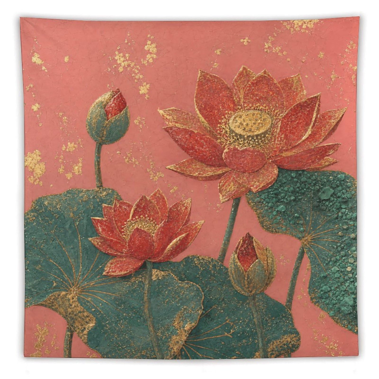 H3B8U2Y5 Red Lotus Flowers Wall Tapestry, Asian Ink Style, College Dorm