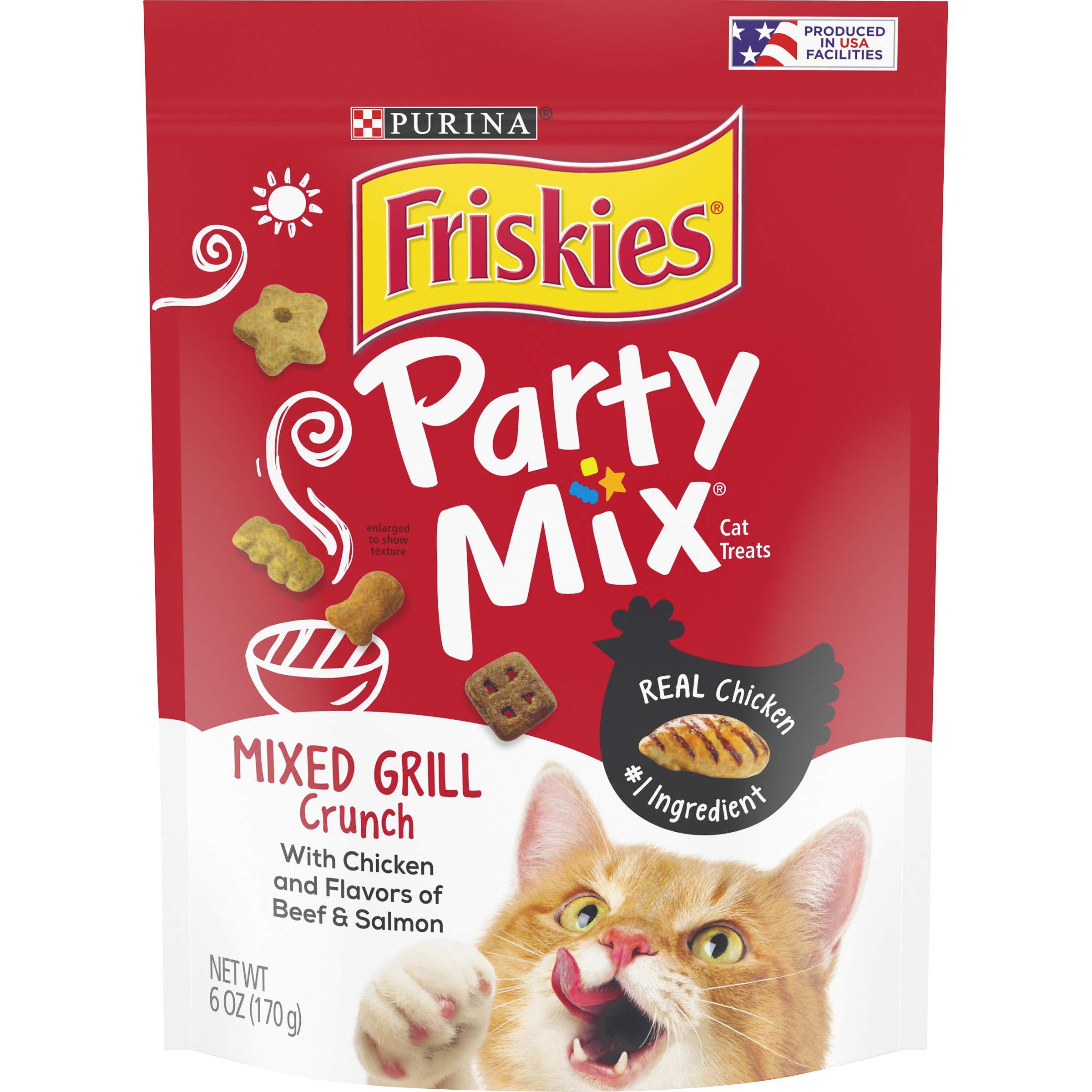 Purina Friskies Made in USA Facilities Cat Treats, Party Mix Mixed Grill Crunch - (6) 6 oz. Pouches