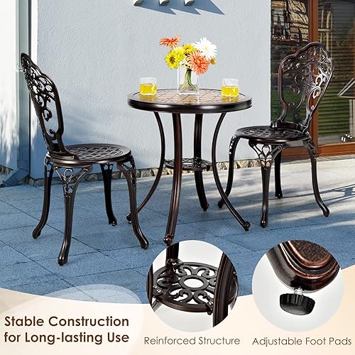 Miniatura 6 de Giantex Juego de 3 piezas de patio bistró, mesa y sillas de patio de aluminio fundido con pies ajustables, sillas de comedor al aire libre y juego