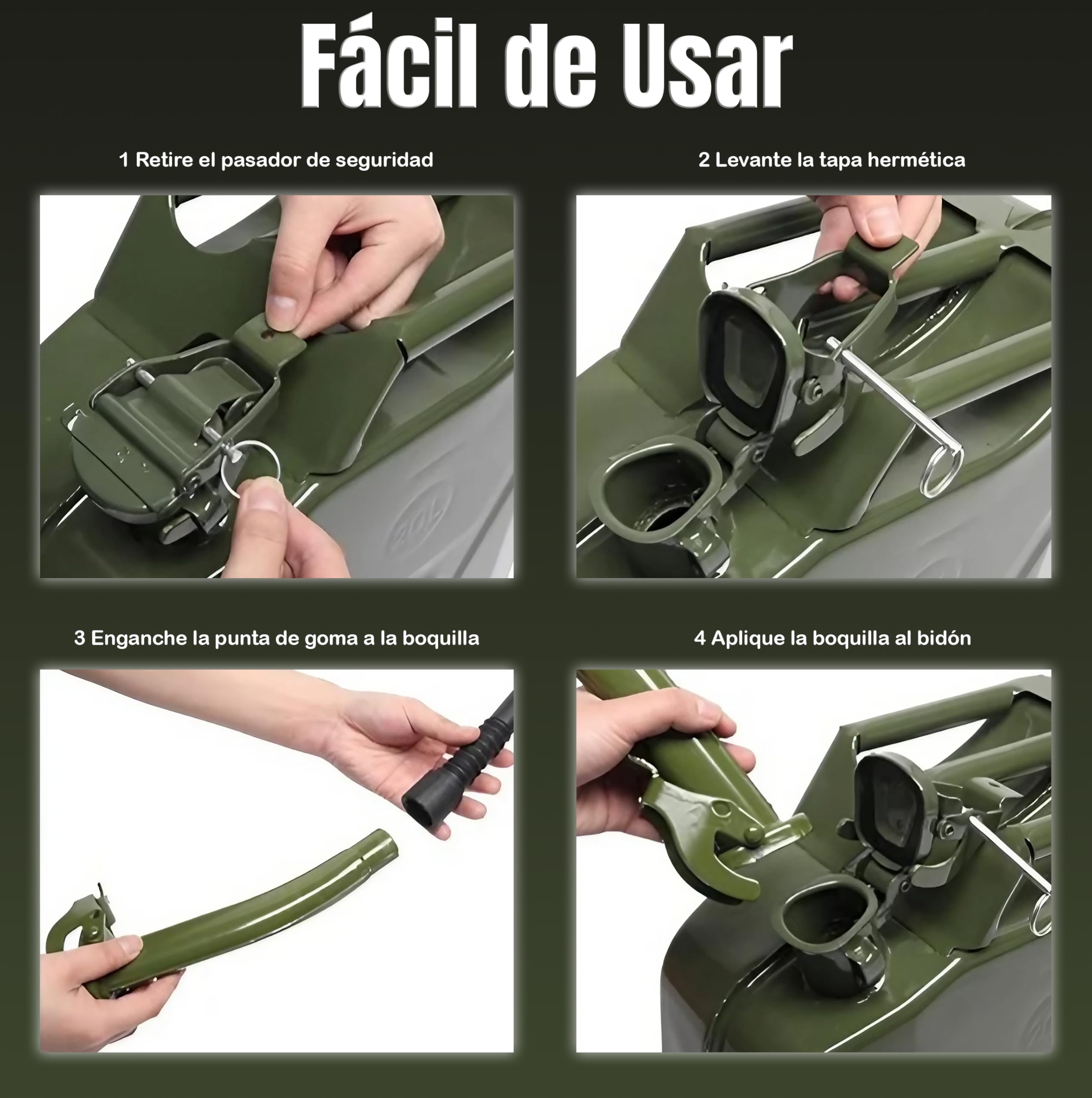 ESTO Bidón de gasolina de metal verde militar capacidad 5 L, 10 L, 20 L con o sin boquilla, cierre de seguridad, antioxidante, certificado UN transporte de mercancías peligrosas, 10 litros/con