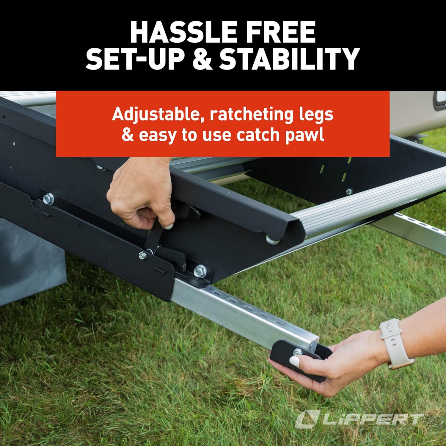 Lippert Solid Step 4.0 Premium Double RV Camper Entry Steps with 26" Step Width, XL Top Tread, 8" Rise, 500-lb. Weight Capacity, Adjustable Legs, Recessed Feet, Foldable Design - 2024056996