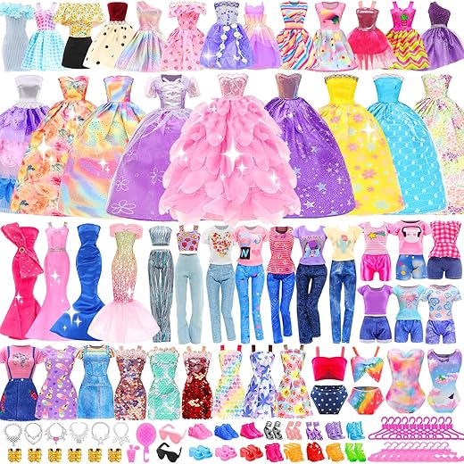 48 PCS Doll Clothes and Accessories 3 PCS Fashion Dresses 3 Tops 3 Pants 3 PCS Party Dresses 2 Sets Swimsuits Bikini 6 Braces Skirt 6 Necklace 10 Hangers and 15 pcs Shoes for 11.5 inch Doll
