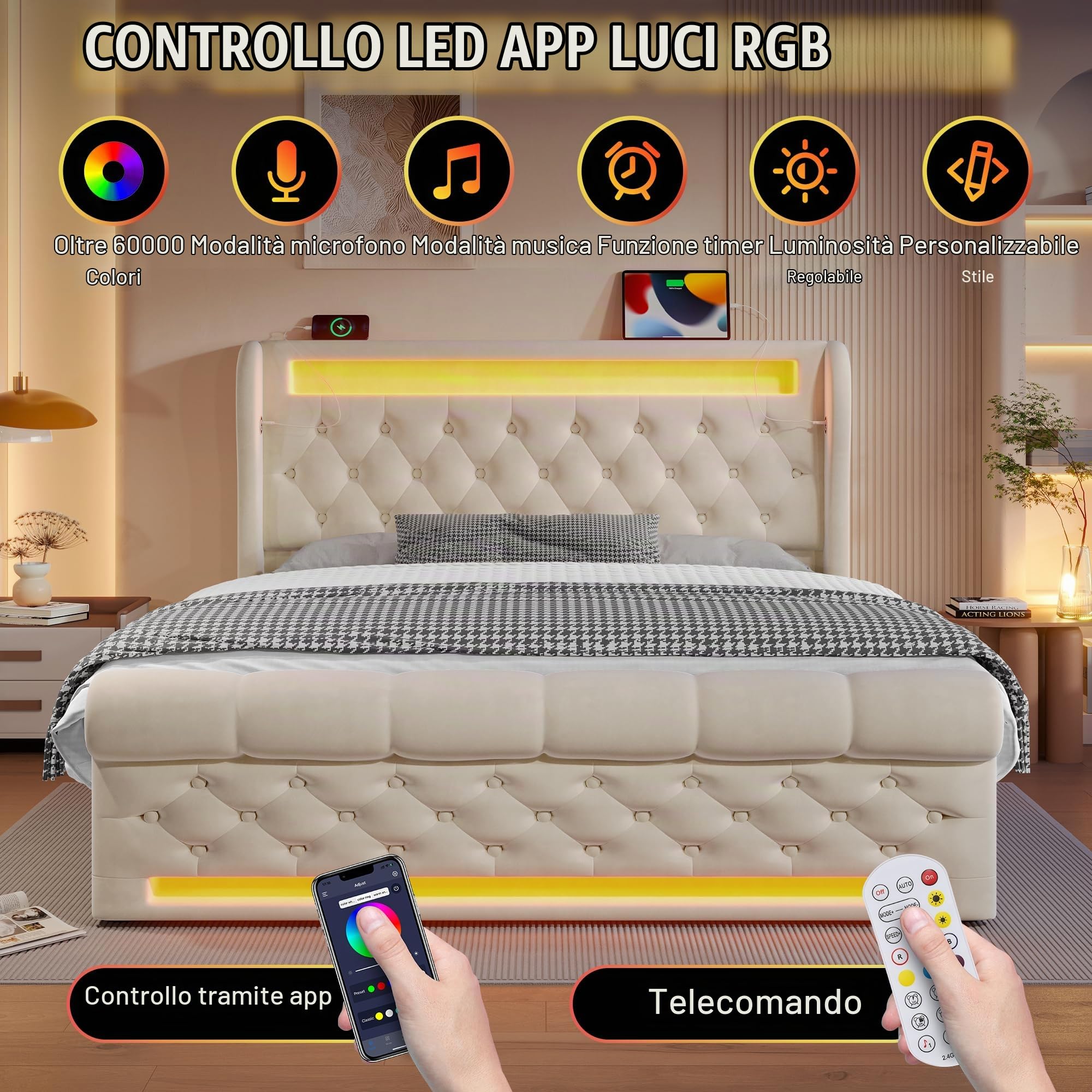 Letto Matrimoniale 160x200 con LED e USB, Letto Una Piazza e Mezza con contenitore idraulico e testiera, Letto Contenitore con doghe, Struttura Letto Matrimoniale in velluto Beige (Senza materasso)