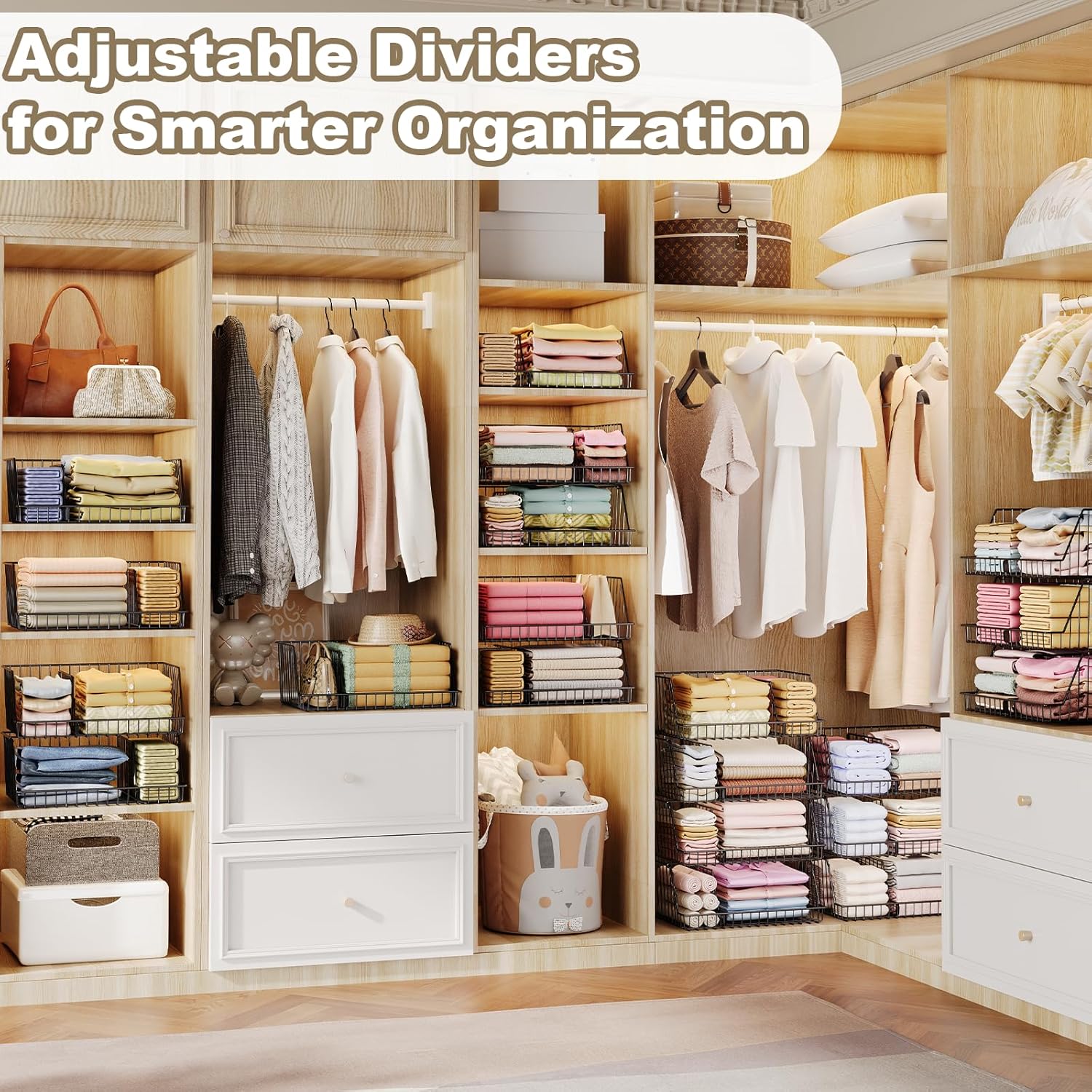 3-Tier Stackable Closet Organizers and Storage, Metal Wire Closet Shelves, Space-Saving Closet Organizer with Adjustable Dividers for Bedroom, Cabinet & Laundry Room