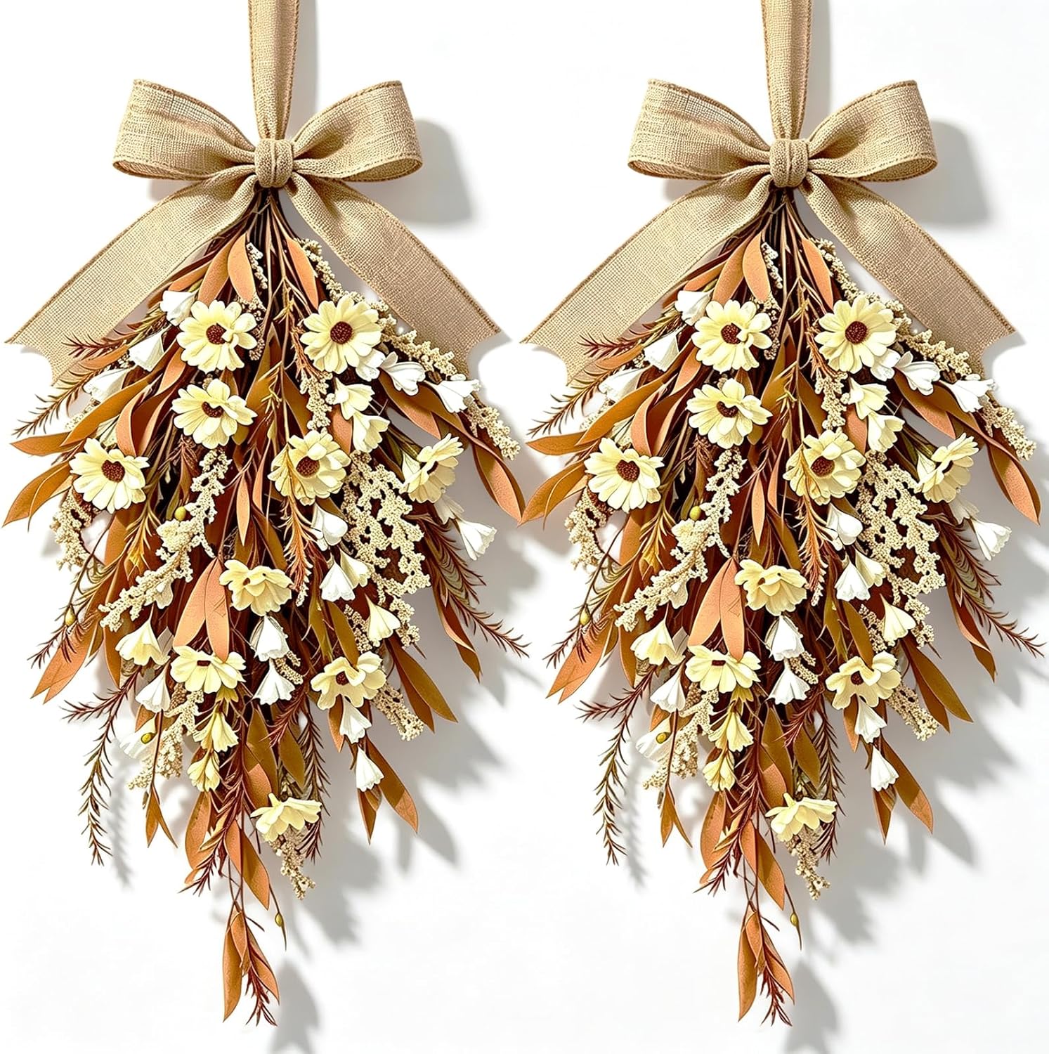 2 PCS 24'' Fall Boho Teardrop Pampas Grass Swags for Front Door Artificial Autumn White Floral Swag Wreath for Cabinet with Bow for Thanksgiving Farmhouse Indoor Outdoor Wall Fireplace Home Decor