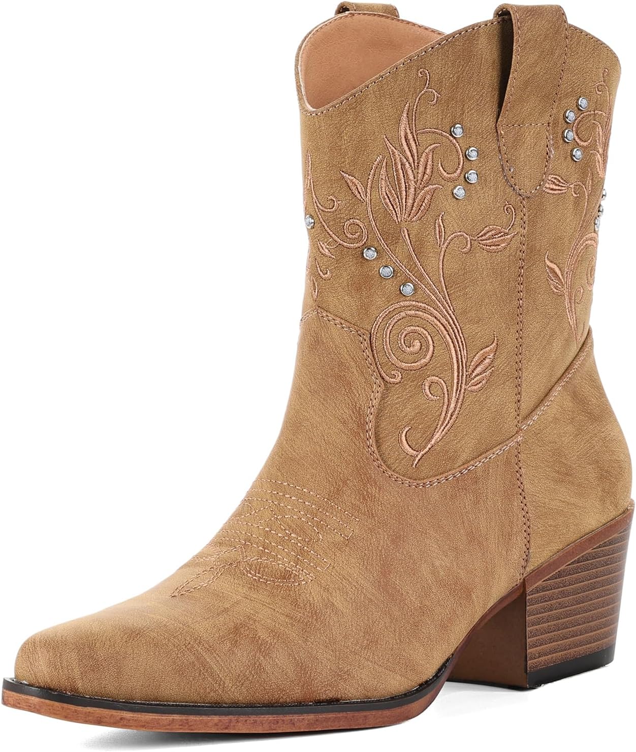 IUV Cowboy Boots for Women Ankle Cowgirl Boots with Embroidered Rhinestone Decor Chunky Heel Snip Toe Classic Western Wide Booties - Image 4