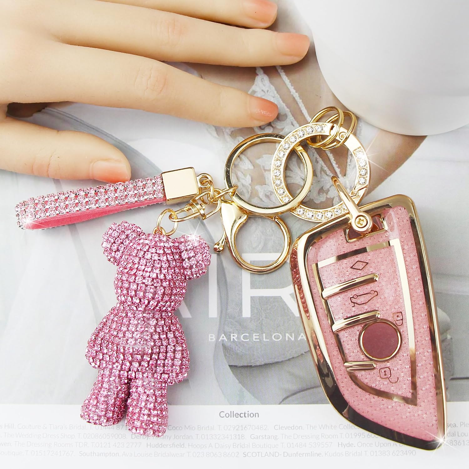 Cute Key Fob Cover with Rhinestone Bear Charm, Bling TPU Smart Key Case for Women, Compatible with BMW 2 4 5 6 7 X1 X2 X3 X4 X5 X6 430i 340i 840i M Series 2015-2023 (4-Button, Gold Pink) image 3