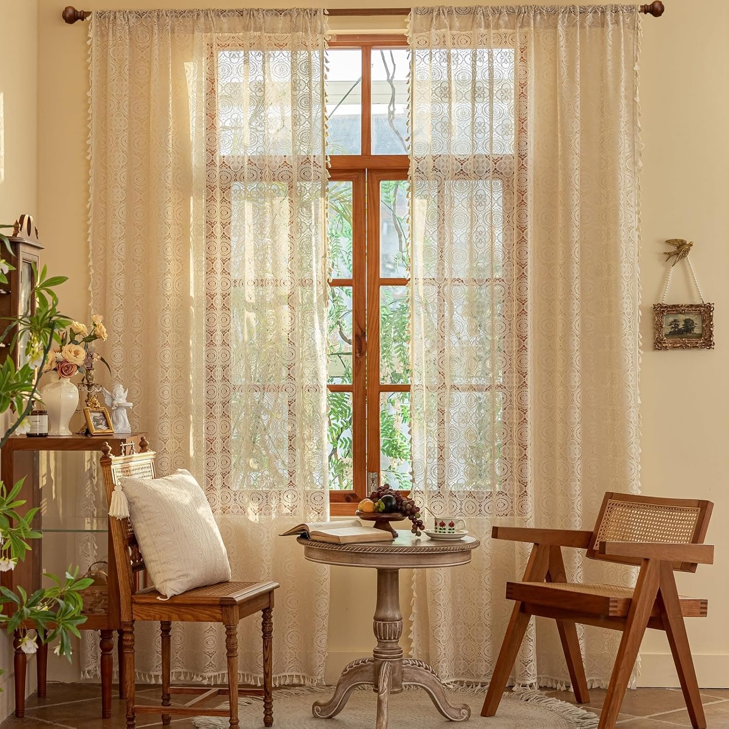 YJ YANJUN Sheer Boho Curtains, 150 cm W x 274 cm H (2-pack), Beige, Floral Pattern, Pole Pocket, Sheer Curtains for Bedroom, Living Room, Outdoor, Sliding Door