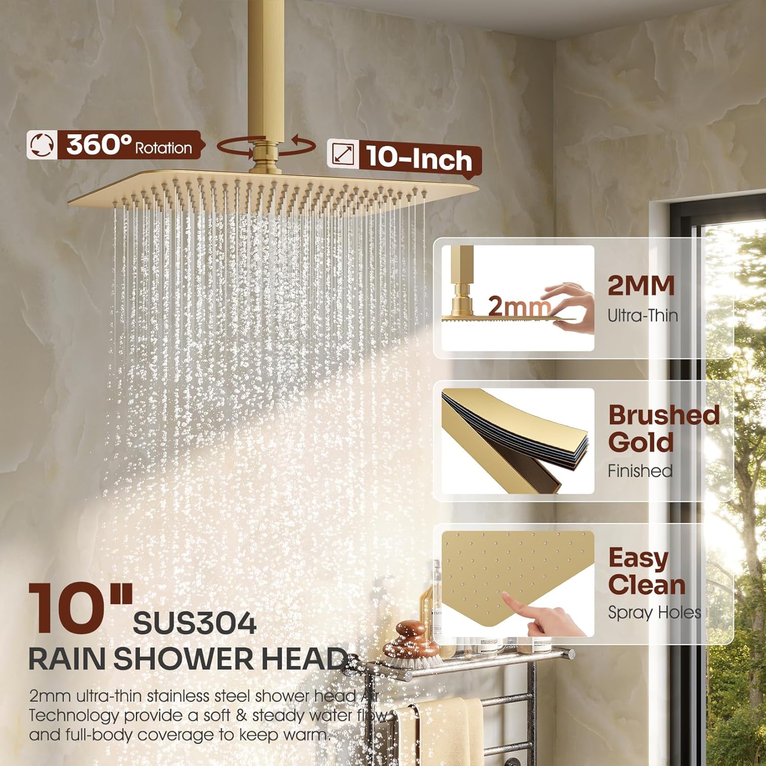 Ceiling Mount Shower Faucet Set, Gold Shower System with 10-Inch Rain Showerhead and Handheld Spray Combo, High-Pressure Showerheads Set with Valve and Trim Kit, Brushed Gold