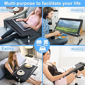 Laptop Bed Table, Potuopy Leather Adjustable Height Angle Bed Desk, X-Large Foldable Laptop Stand for Bed with Eco Wooden board for Working Reading Eating on Bed Sofa Floor (Black, 60 * 40cm)