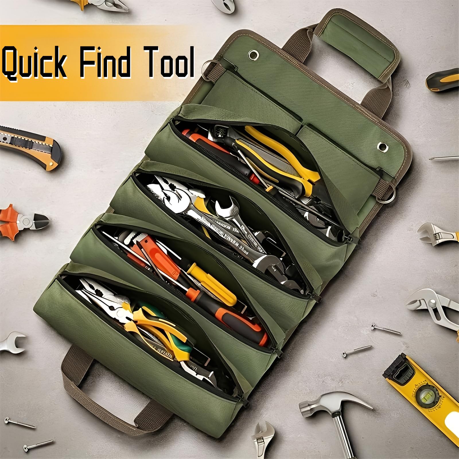 CHENKEE Tool Roll,Canvas Tool Pouch with 2 Removable Pockets,Multi-Purpose Tool Roll bag with Strap,Durable Tools Bag,Ideal for Electricians and Plumbers - Image 3