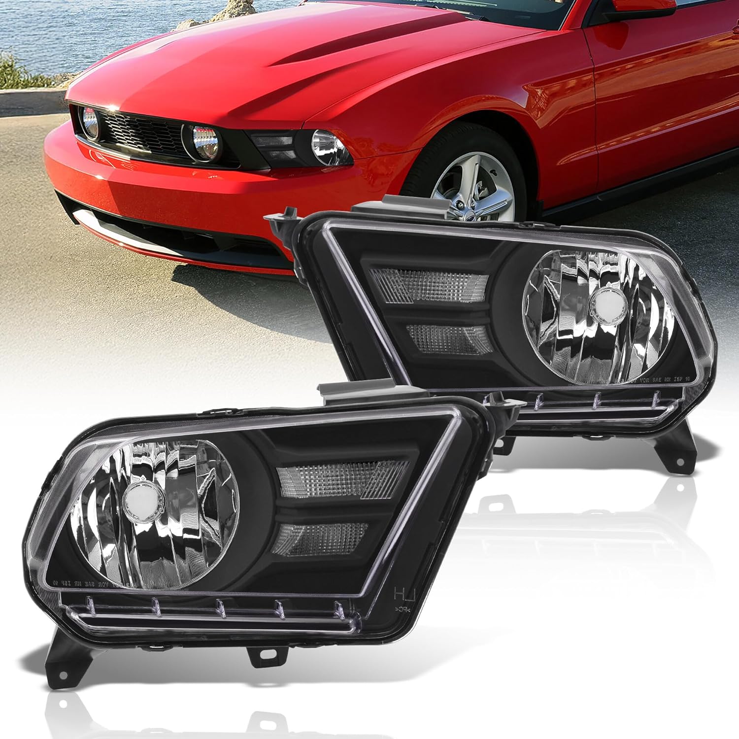 AJP Distributors Black Housing Clear Lens Signal Reflector Headlights Bumper Lights Driving Lamps Assembly Pair LH & RH Compatible/Replacement for Mustang S197 2010 2011 2012 2013 2014 10 11 12 13 14