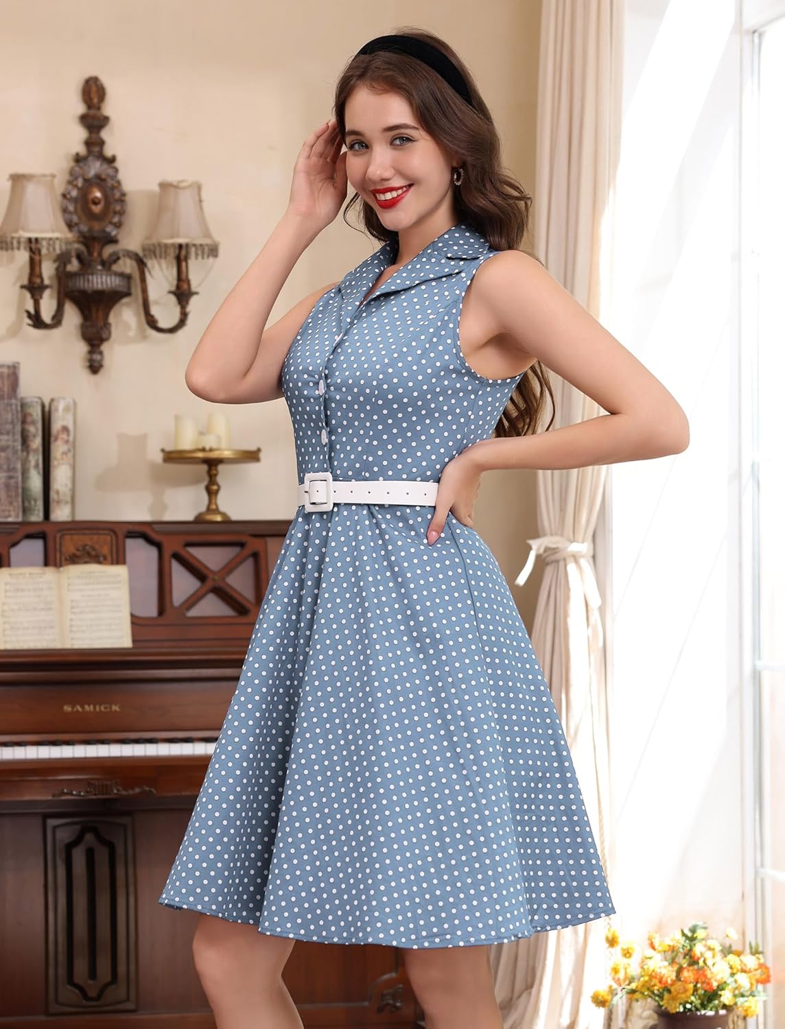 Women's 1950s Retro Polka Dot Vintage Dress Sleeveless Cocktail Prom Swing Midi Belt Dresses Notched Lapel