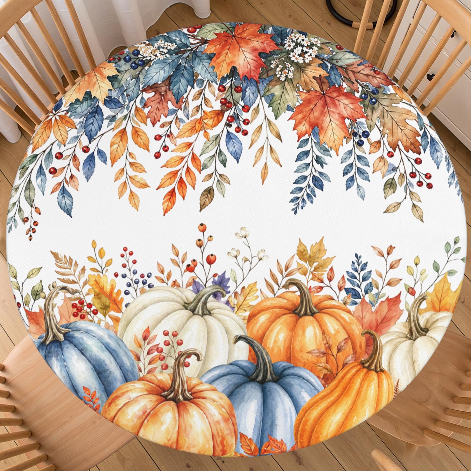 FJQWKLF Fall Round Fitted Tablecloth with Elastic Edge Thanksgiving Orange Blue Pumpkin Table Cover for 56"-60" Autumn Harvest Stretch Table Cloth for Dining Room Party Picnic