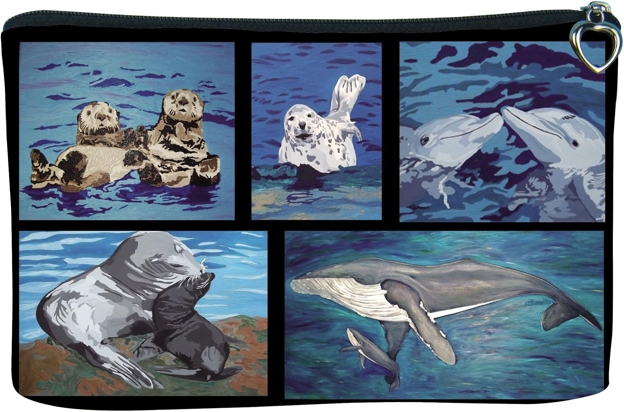 Cosmetic Bag, Zipper Pouch - Zip-top Closer - Taken From My Original Paintings - Animals (Aquatic Patchwork)