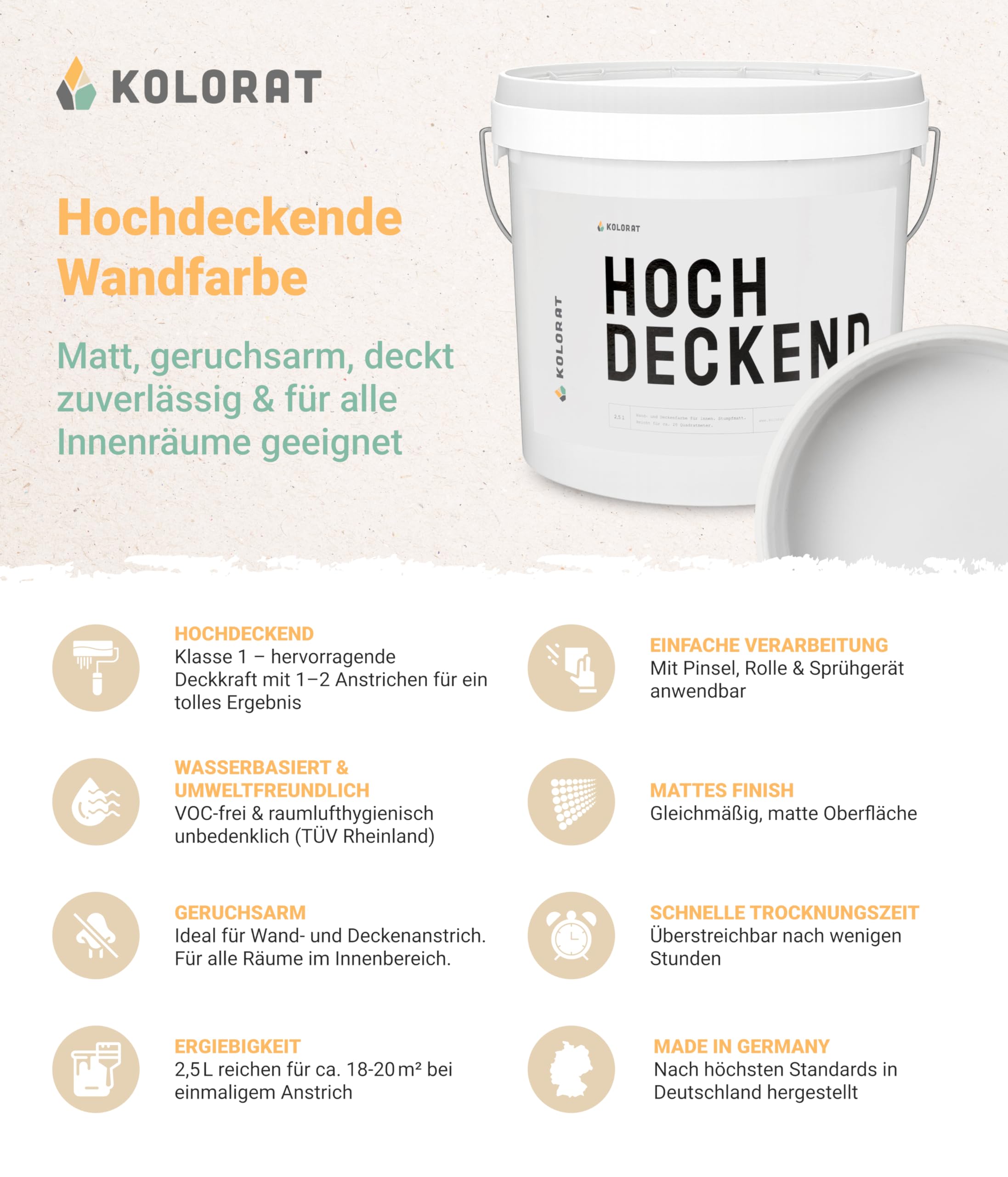 Kolorat®matte Wandfarbe Greige - Beige mit Grau 2.5L hochdeckend|Made in DE