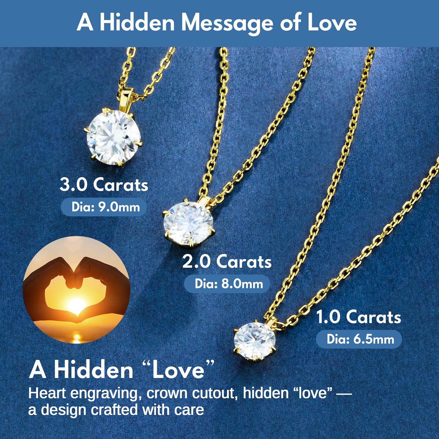 Moissanite Solitaire Necklace for Women, 1–3 Carat Lab Diamond, D Color VVS1, Crown Hollow Side & Heart Back, 925 Silver 17+2" Chain, Gift for Wife, Mom, Girlfriend or Yourself on Anniversary Birthday Wedding - Image 6