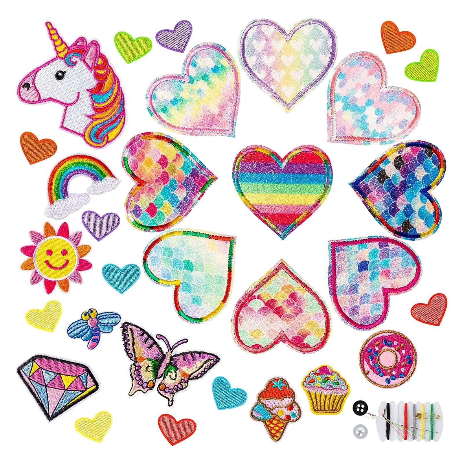 JAONLD Iron On Patches, 30 Pcssew on Patches Hearts Iron On Patch Unicorn Rainbow Butterfly Fabric Stickers Embroidered DIY Applique Patches for Kid Girls Clothing Backpack Hat Jean Dress