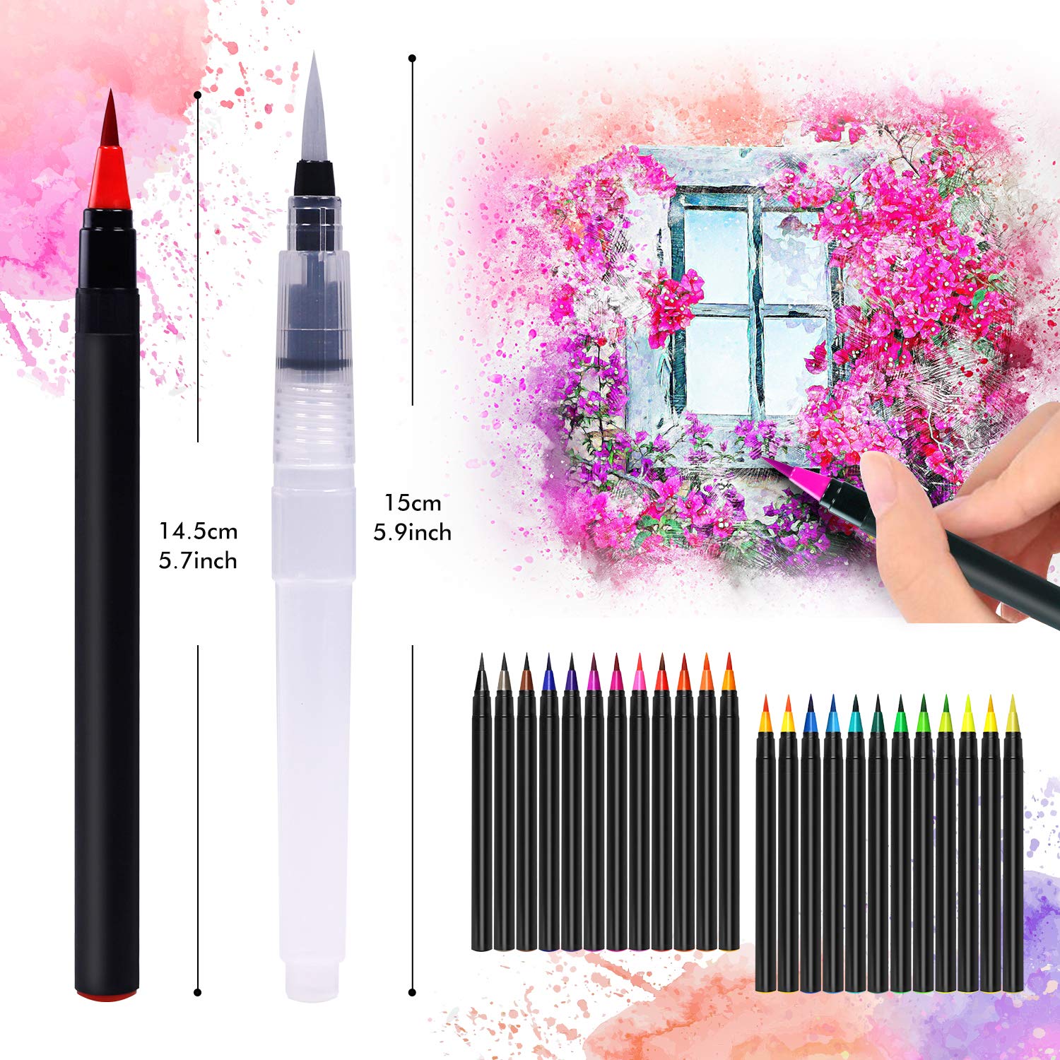 Watercolor Brush Pens Set, 24 Watercolor Markers + 1 Water Tank Brush