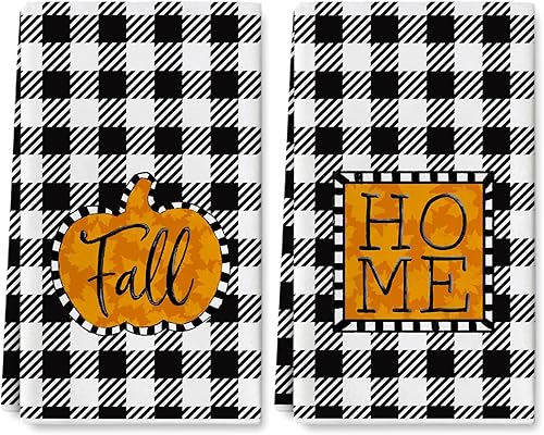 AnyDesign Toalla de cocina de otoño de 18 x 28 pulgadas, diseño de búfalo a cuadros de calabaza otoñal, paño de cocina rústico decorativo para