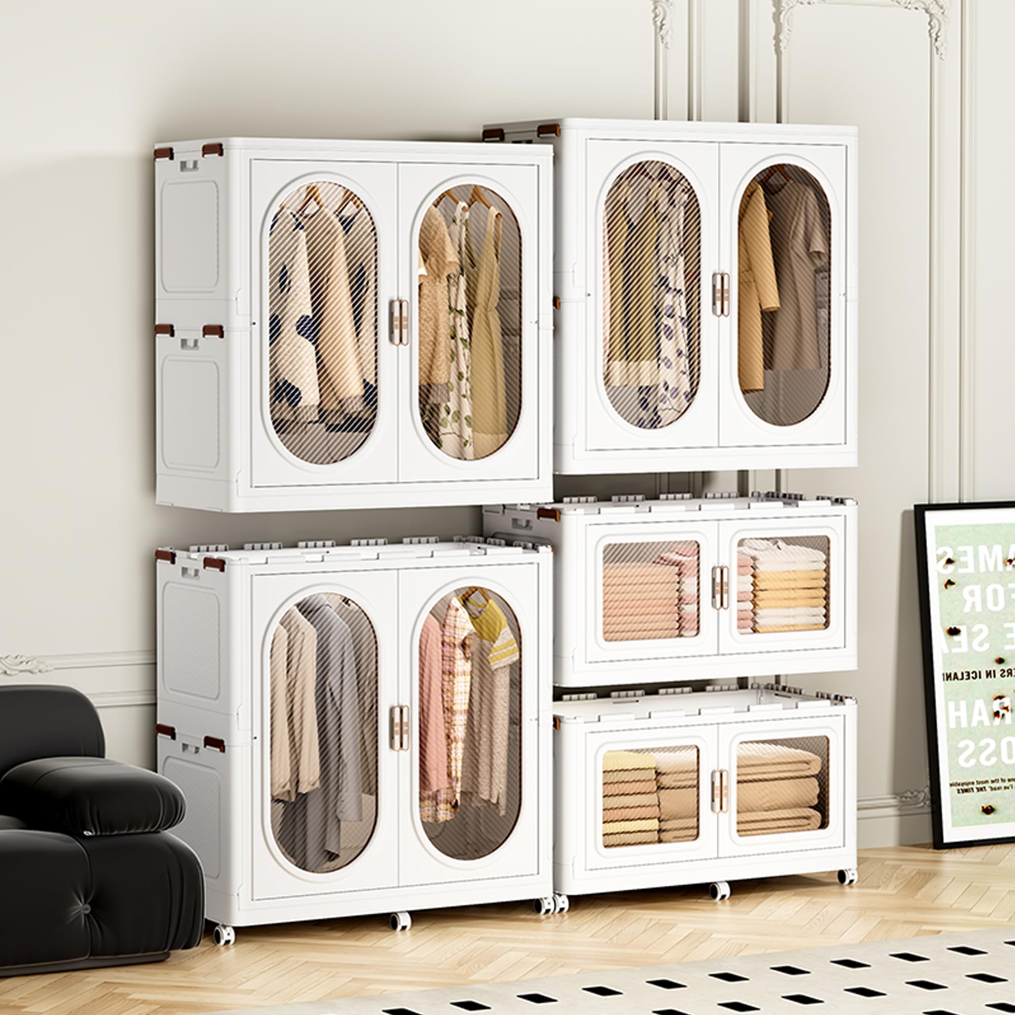 MECOLOR 104cm Kleiderschrank Organizer mit 6 Rollen - Stapelbare Kunststoff-Garderobe mit Magnetischen Türen, Aufbewahrungsbox (104-T1)