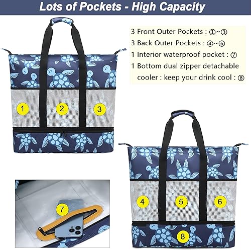 Miniatura 7 de Octsky Bolsas de playa con enfriador para mujer, impermeable, a prueba de arena, con cremallera, bolsa grande para piscina, 9 bolsillos