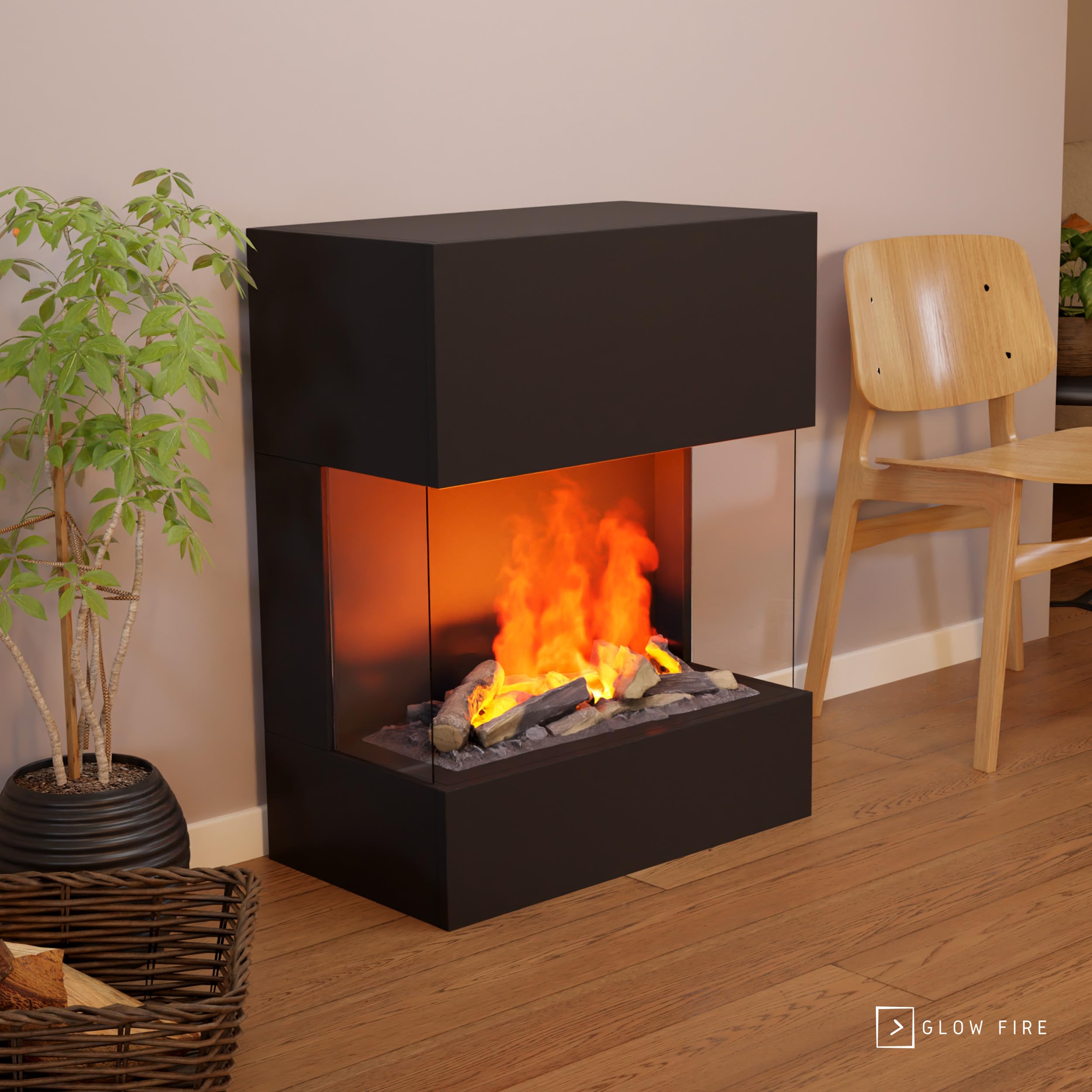 GLOW FIRE Wasserdampf Kamin KÄSTNER (Standkamin) - Elektrokamin mit realistischen LED 3D-Flammen, Knistereffekt & Fernbedienung, 70x89x40 cm - Opti-Myst 600 Elektro Kamin, Schwarz