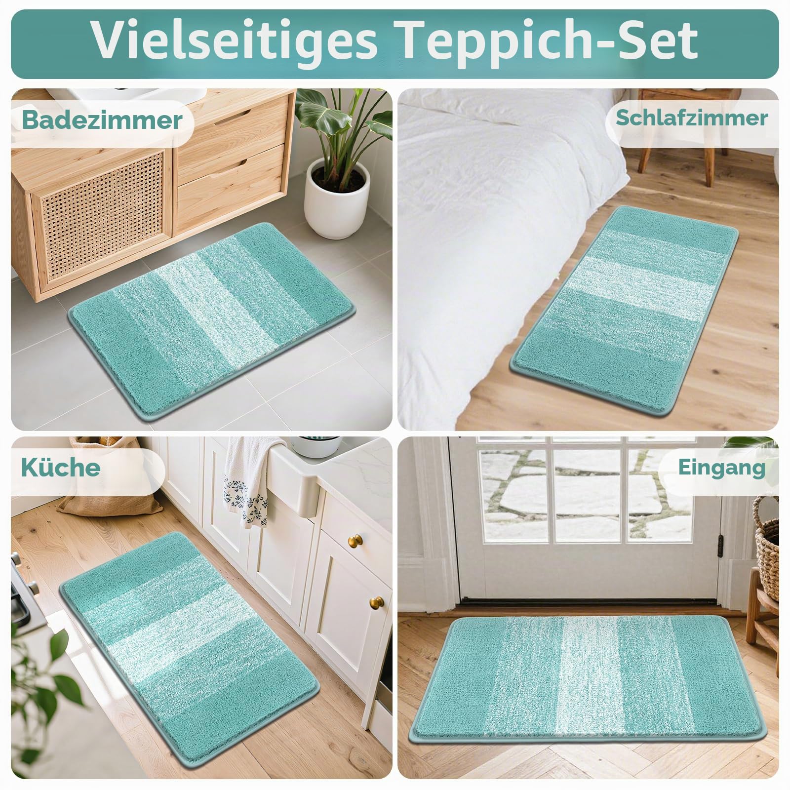 Bsmathom Badteppich-Set 4-teilig mit WC-Deckelbezug und Teppich-Set, saugfähige rutschfeste Badteppiche waschbar, weiches Hochflor-Badezimmermatten-Set mit U-förmigem Toilettenvorleger für Badezimmer,