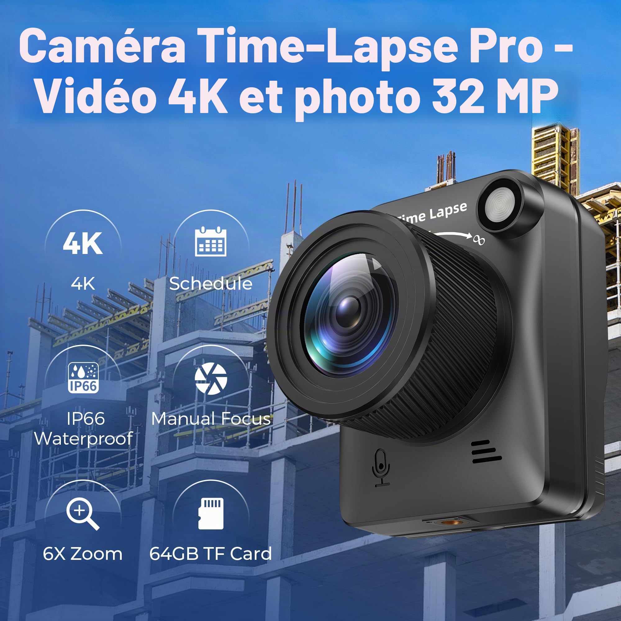 Dsoon Caméra Timelapse FHD pour la Construction, Les Plantes, la météo et la Vie, avec résolution 4K, écran LCD TFT HD 2,4", 180 Jours de Veille étanche IP66, Carte TF 64 Go Incluse