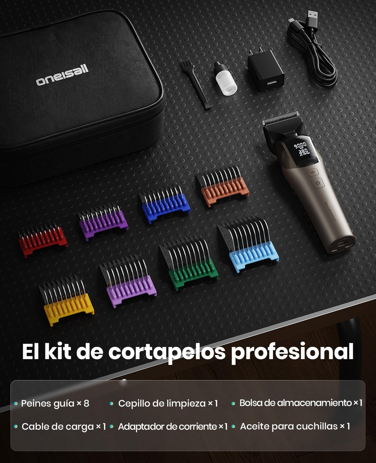 oneisall Maquina Cortar pelo Perros Profesional | 9000 RPM 5 velocidades para pelajes gruesos, cuchilla 5-en-1 DLC, autonomía de 280 min, 8 peines guía metálicos