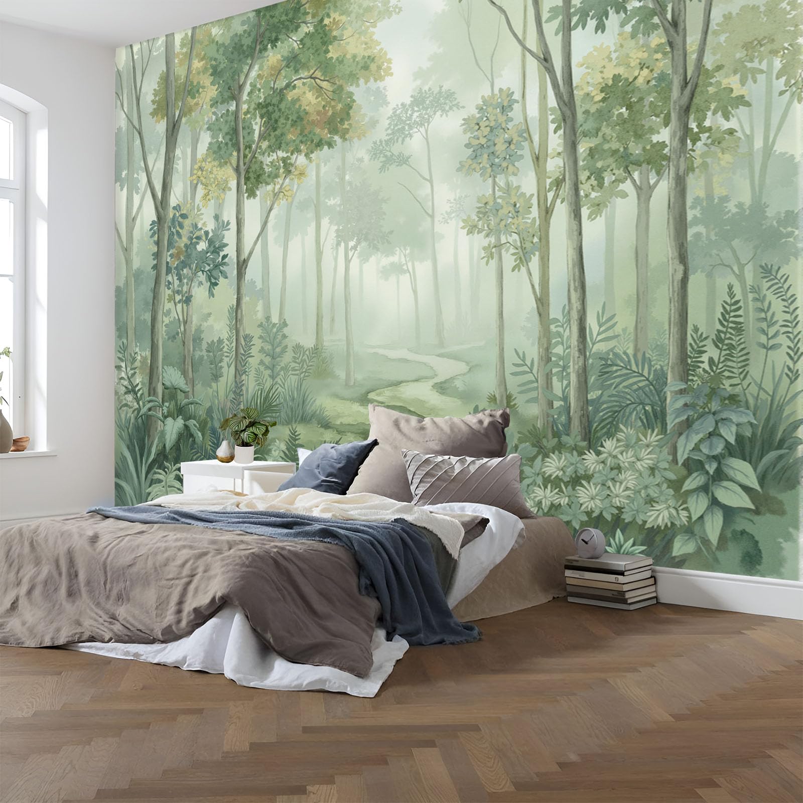 Carta Da Parati Panoramica Verde 400 x 280 cm - Murales Acquerello Piante tessuto non tessuto, Decor Carta da Parati Paesaggio Boschivo Nebbia, per Soggiorno Cucina Corridoio Muro Di Sfondo