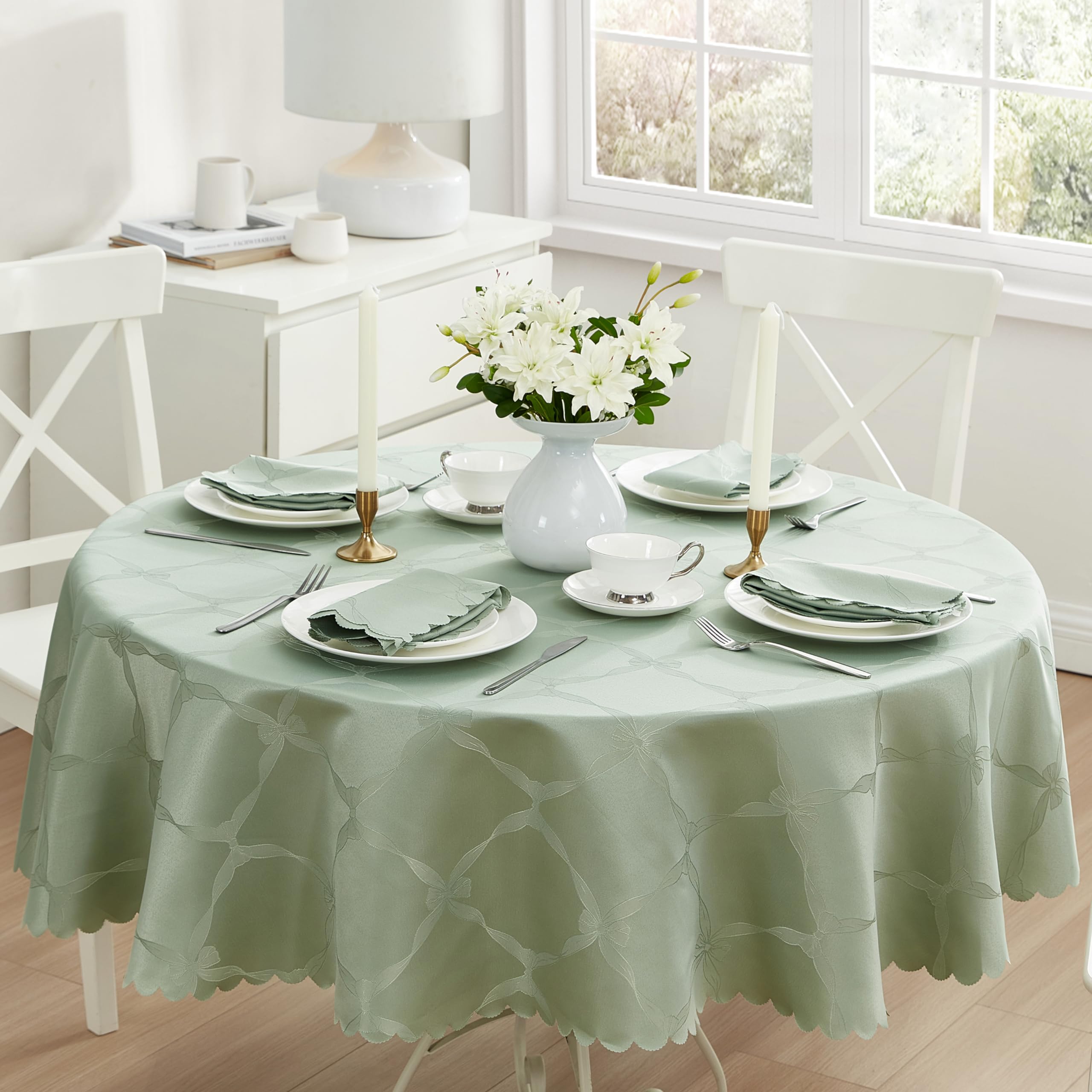 Newbridge Ribbons and Bows Damask Fabric Tablecloth, 70 Inch Round – Wrinkle and Stain Resistant Table Cover for Dining, Parties, and Holidays, Sage